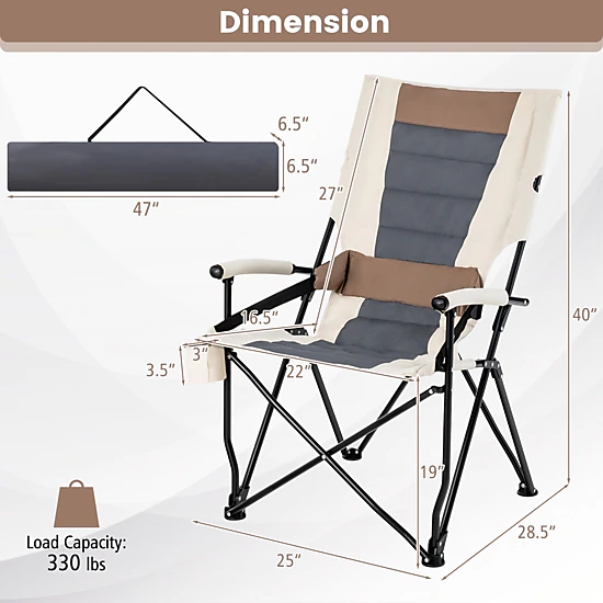 SUGIFT White Folding Camping Chair with Lumbar Pillow and Cup Holder 25-in W 28.5-in D 40-in H 330-lb Seat Capacity