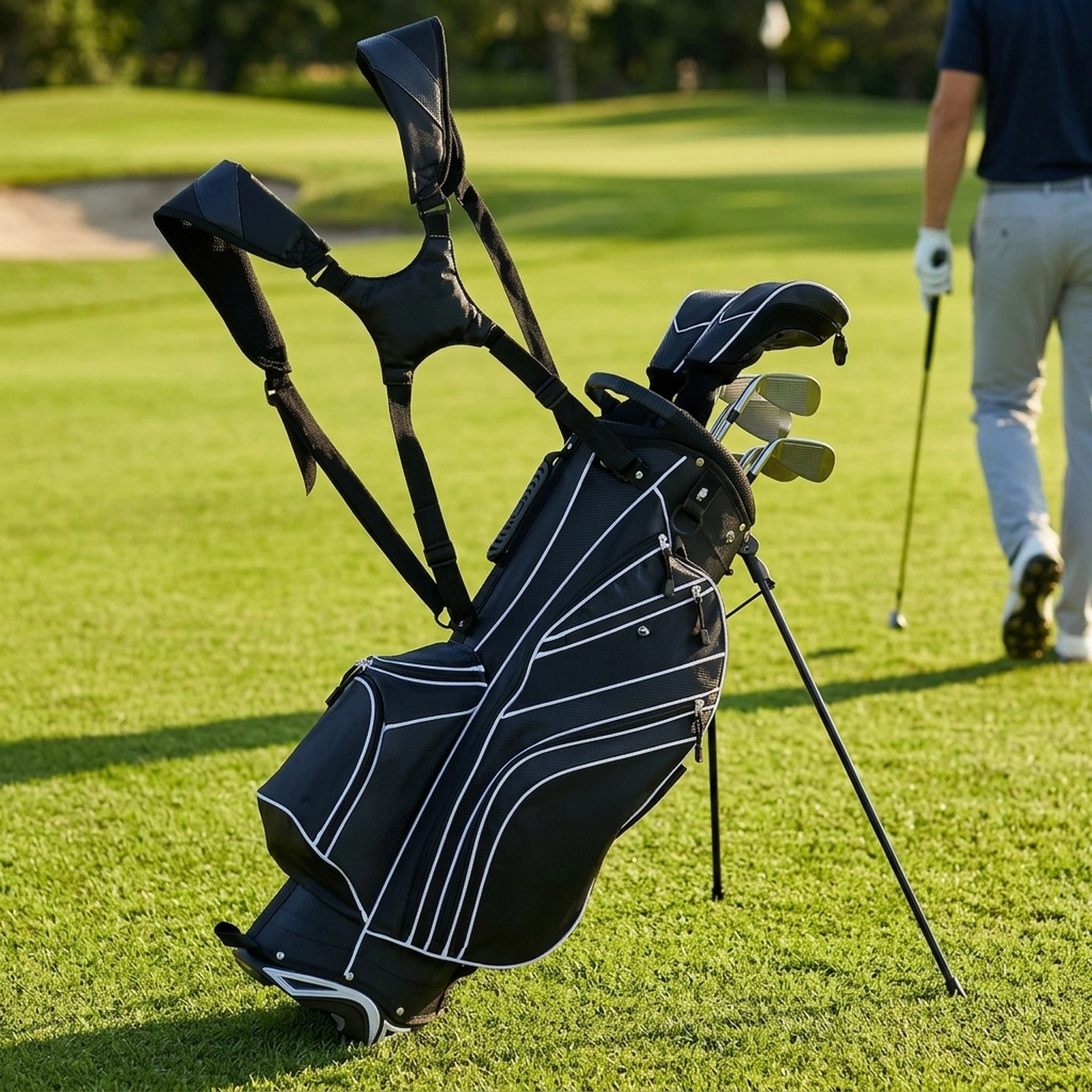 Golf Carry Stand Bag 6-Way Top 8 Pockets Self-Deploying Legs Padded Straps 32.5-in Black Lightweight Golf Bag