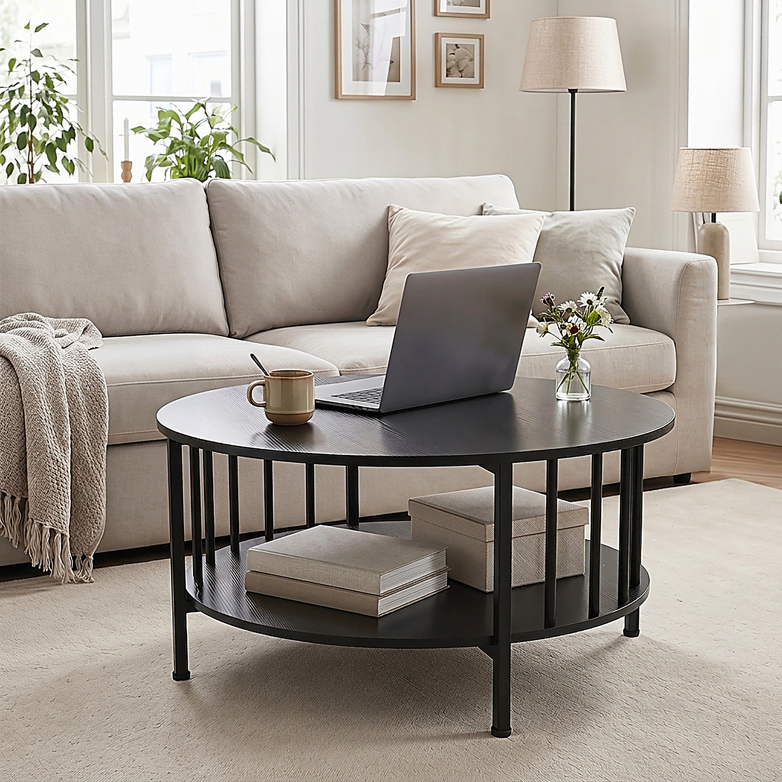 SUGIFT 2-Tier Round Coffee Table with Storage Shelf and Metal Accents 220-Lb Tabletop Capacity Black Walnut-Black