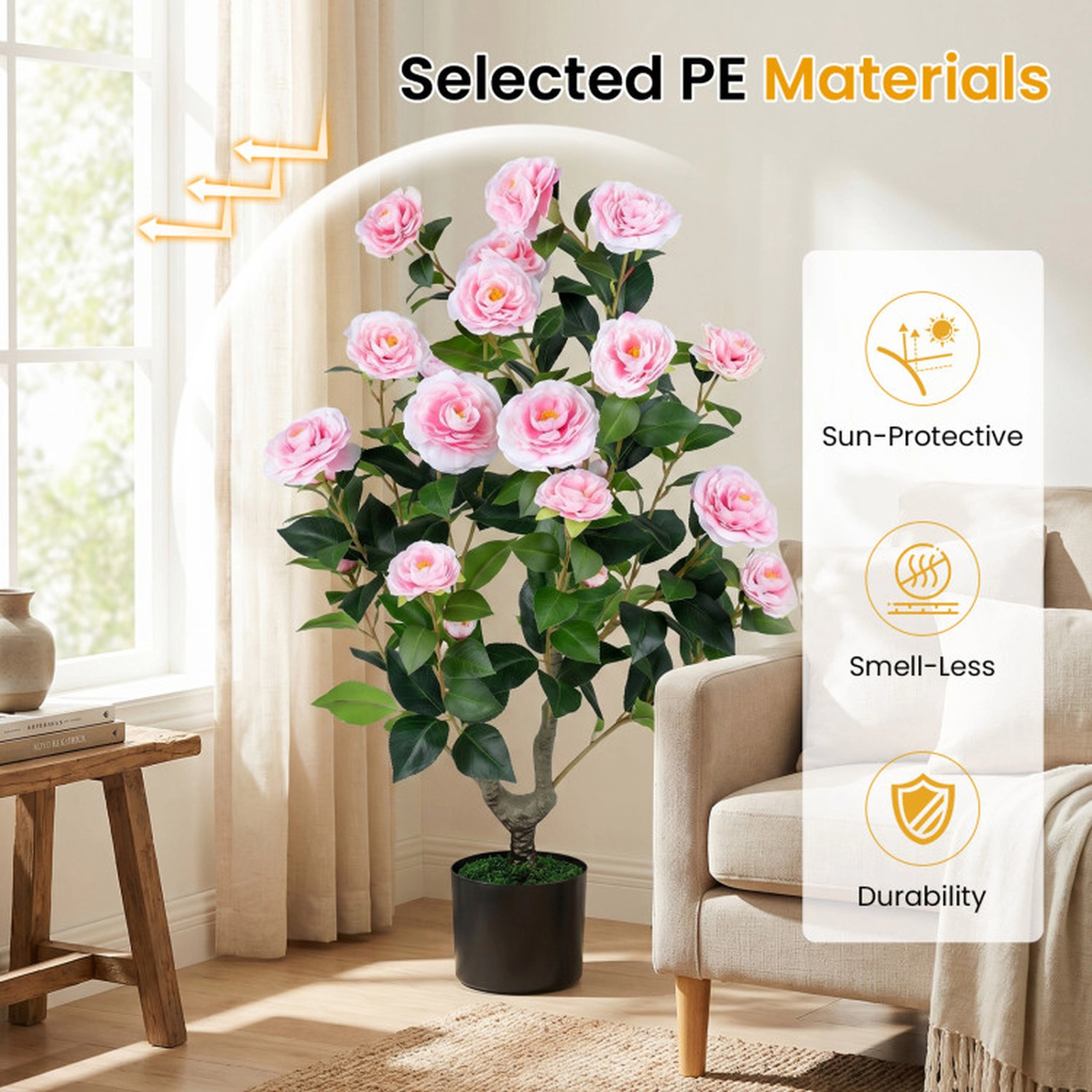 SUGIFT Artificial Camellia Tree Faux Flower Plant in Cement-Filled Pot 35.5-in Tall Pink