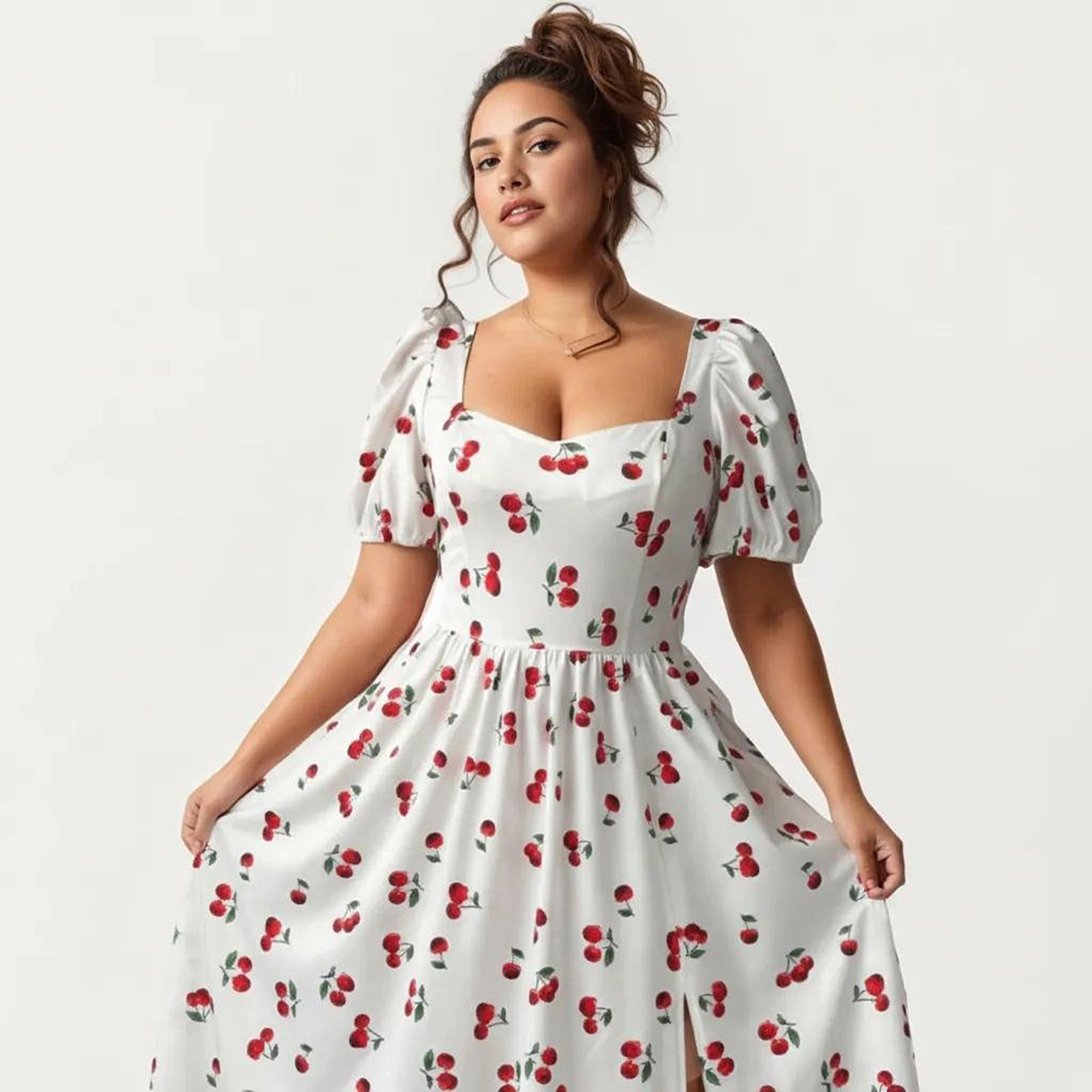 Anna-Kaci Women's Plus Cherry Print Square Neck Puff Sleeve Flowy Skirt Side Slit Detail Maxi Dress