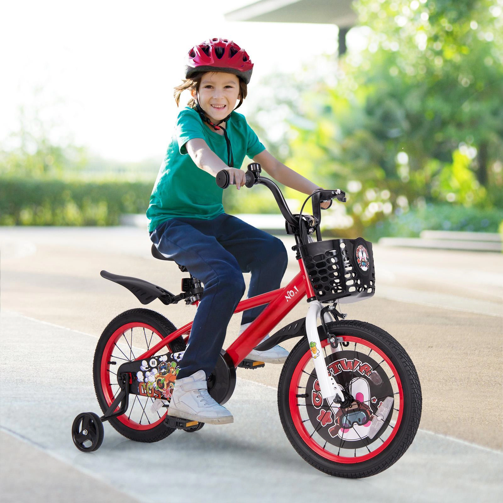 SUGIFT Red Training Wheels Storage Basket Double Brake and Fenders Kids 16 Inch Bike
