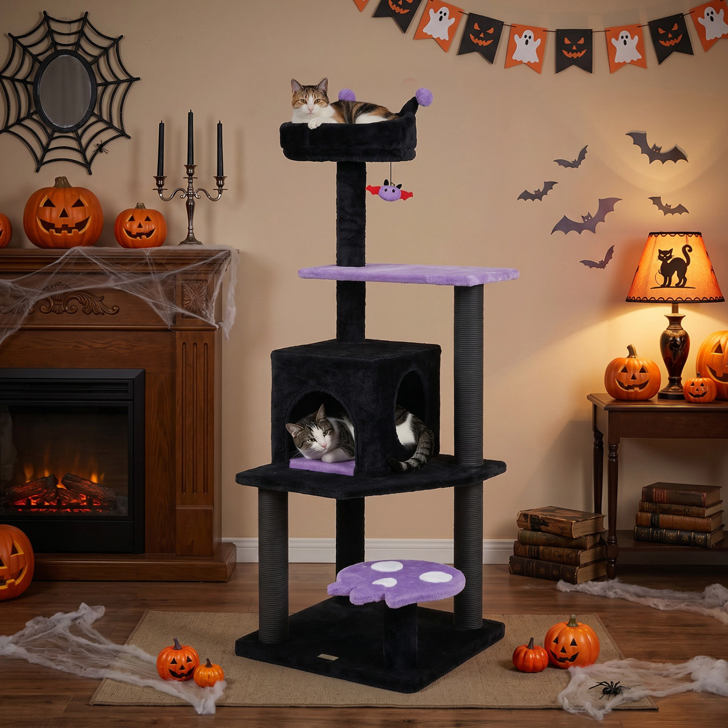 LJG 57" Spooky Cat Tower with Padded Perch and Spider-Shaped Hanging Toy