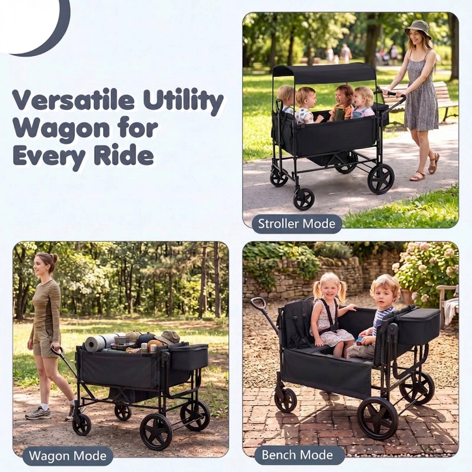 SUGIFT Toddler Black 4-Seat Wagon Stroller with Removable Canopy 53-in W 30.5-in D 50-in H 160-lb Wagon Capacity