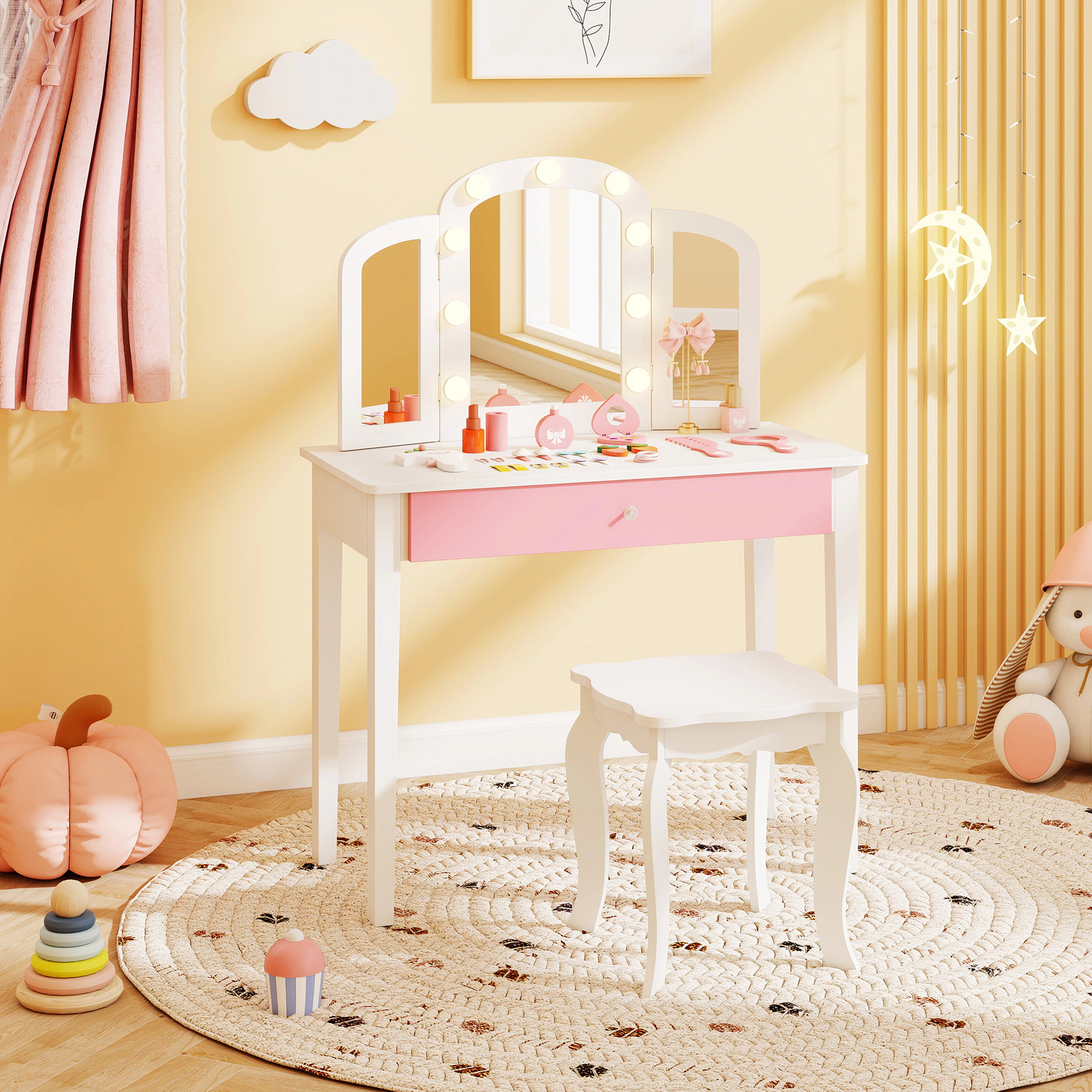 SUGIFT Kids Vanity Table Set with Stool, Tri-Fold Lighted Acrylic Mirror and Drawer