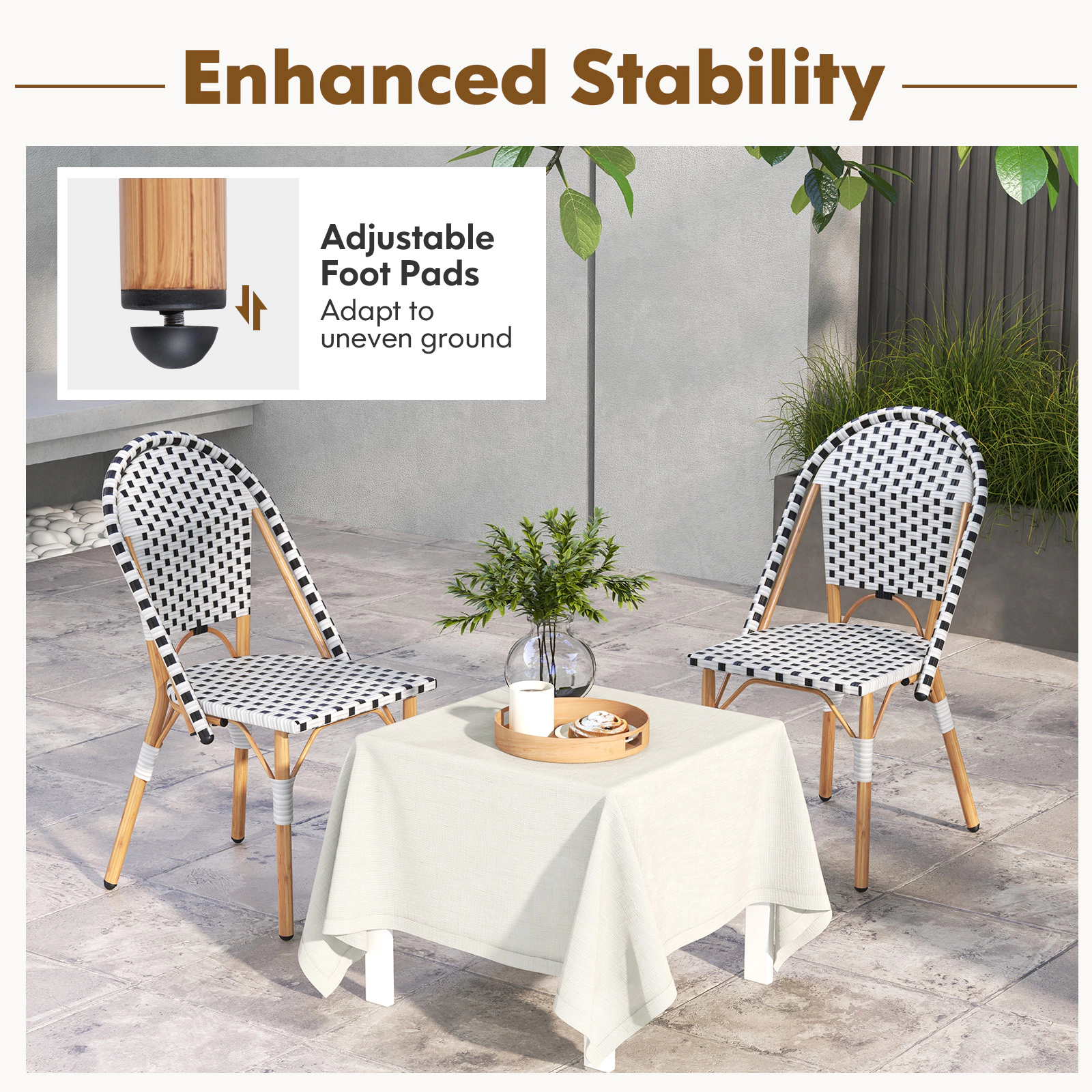 SUGIFT French Bistro PE Rattan Dining Chair Set of 2 with Galvanized Metal Frame 330-lb Capacity White Black Natural
