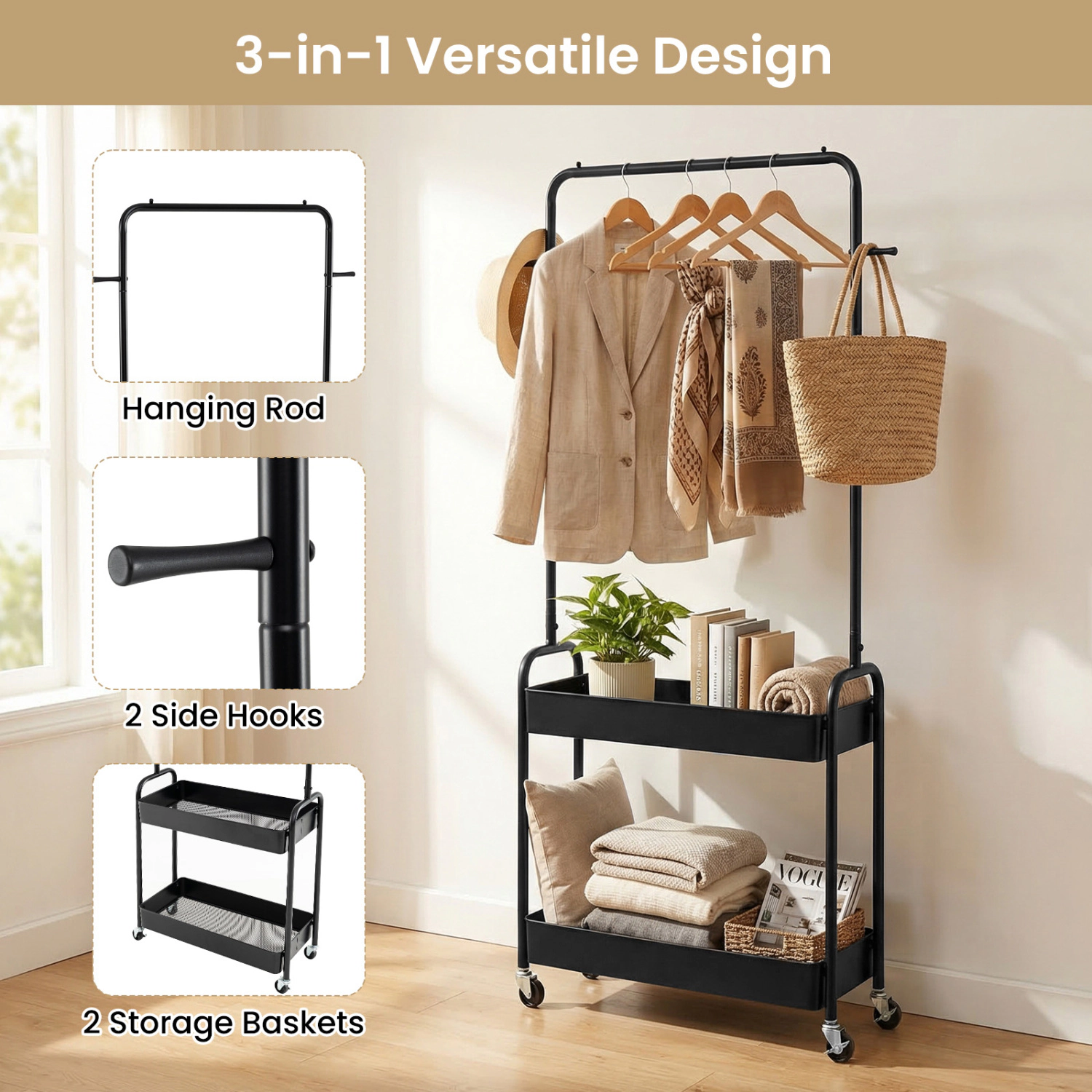 SUGIFT Heavy-Duty Rolling Laundry Cart Garment Rack with Hanging Rod and 2 Storage Baskets 80-lb Capacity Black