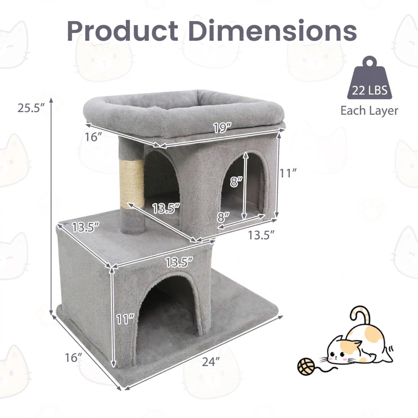 SUGIFT Modern Cat Tree Tower with Upholstered Perch & 2 Cat Condos 22-lb Capacity Each Layer 25.5-in Tall Gray