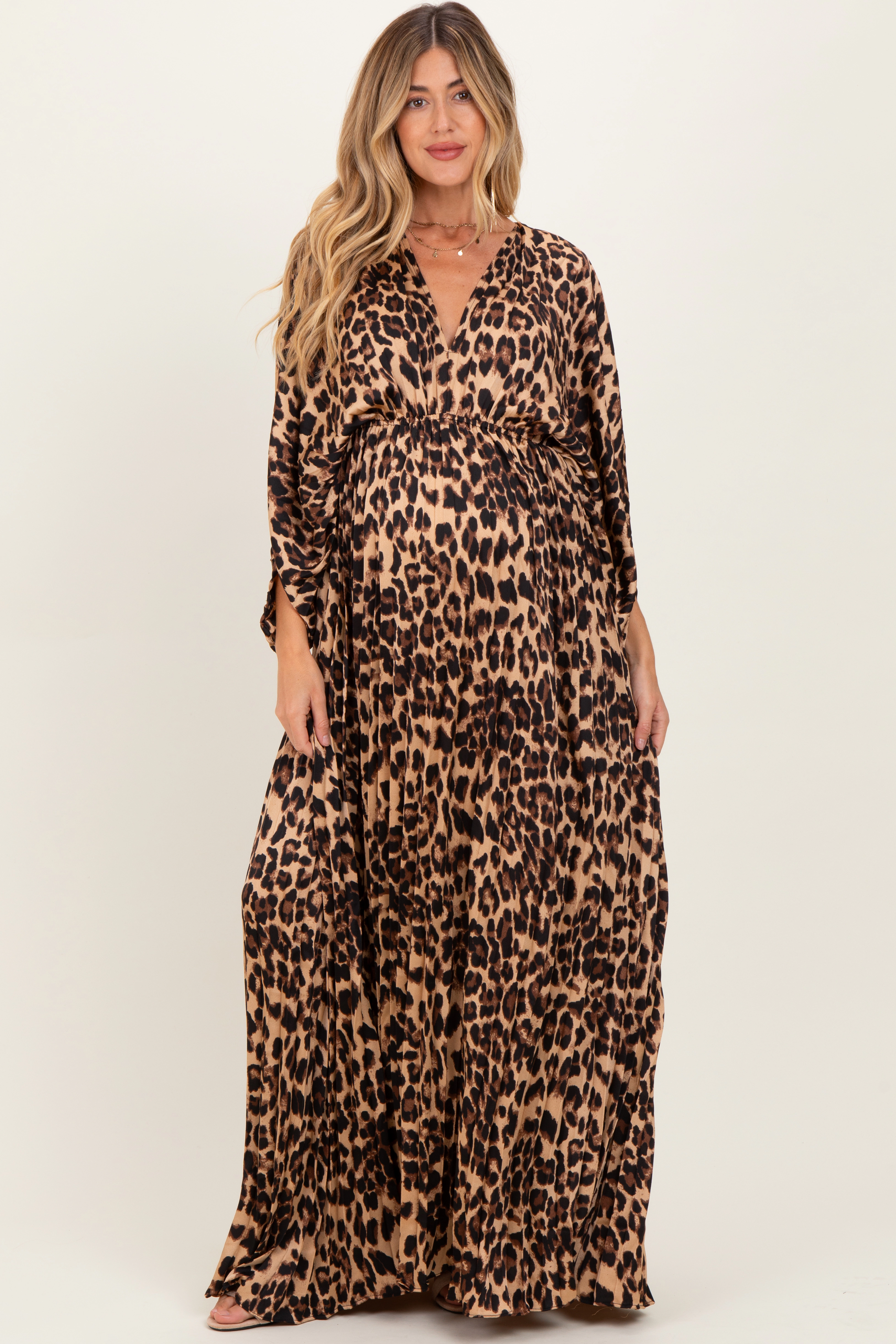 PinkBlush Womens Leopard Pleated V Neck Satin Maternity Maxi Dress