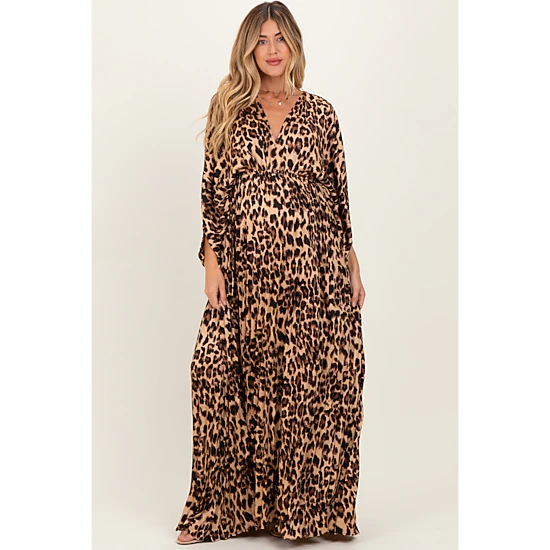 PinkBlush Womens Leopard Pleated V Neck Satin Maternity Maxi Dress