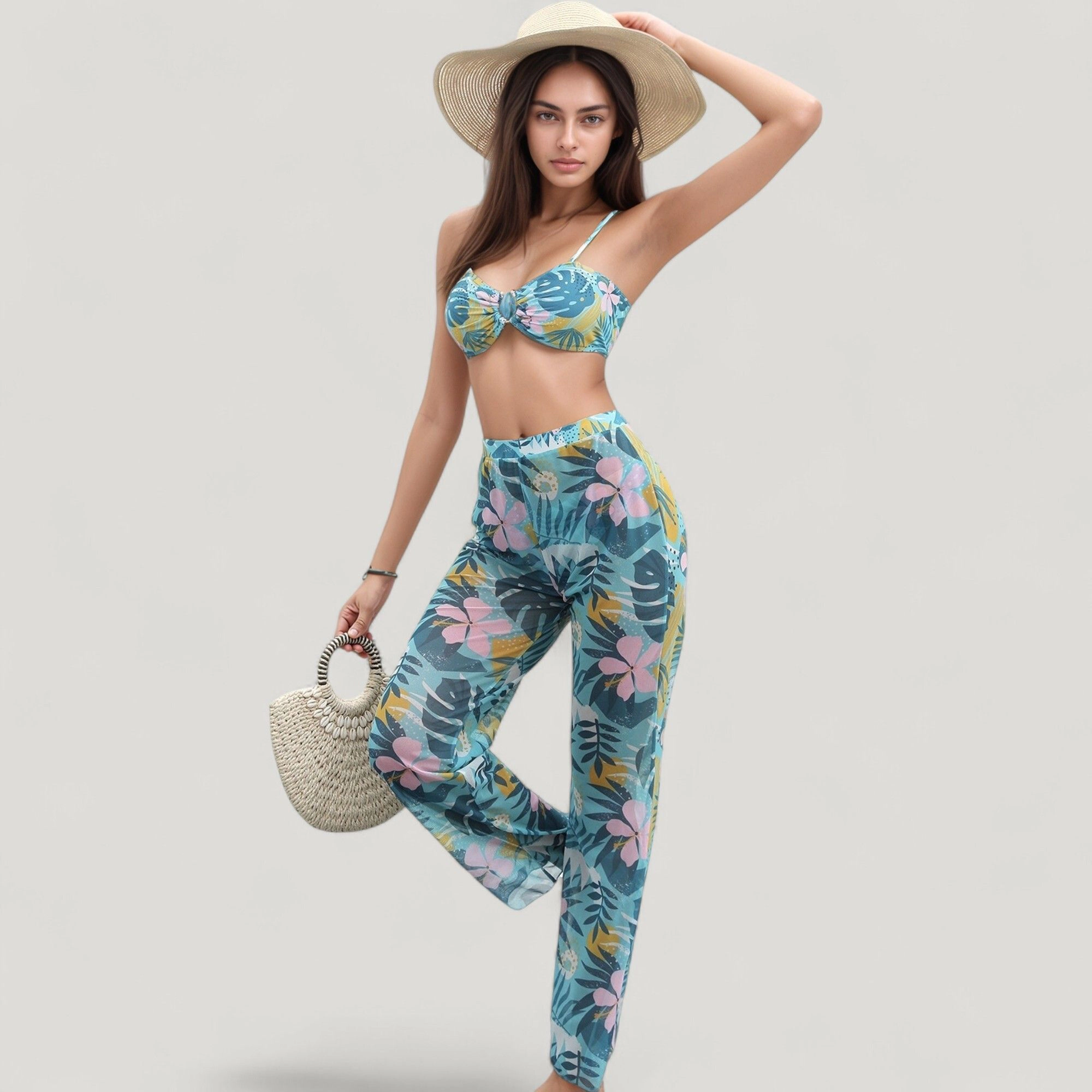 Anna-Kaci Women Tropical Leaf 3-Piece Swimsuit Set - Padded Bikini Top, High-Waist Bottoms, Sheer Wide-Leg Pants