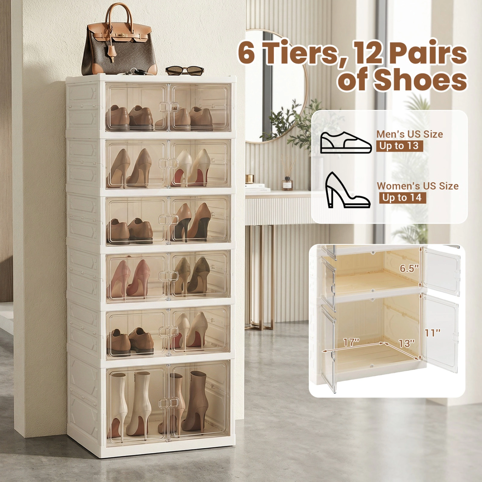 SUGIFT Foldable 6-Tier Shoe Rack Organizer Cabinet 12-Pair Capacity 11-lb Shelves -in Unfolded -in Folded White