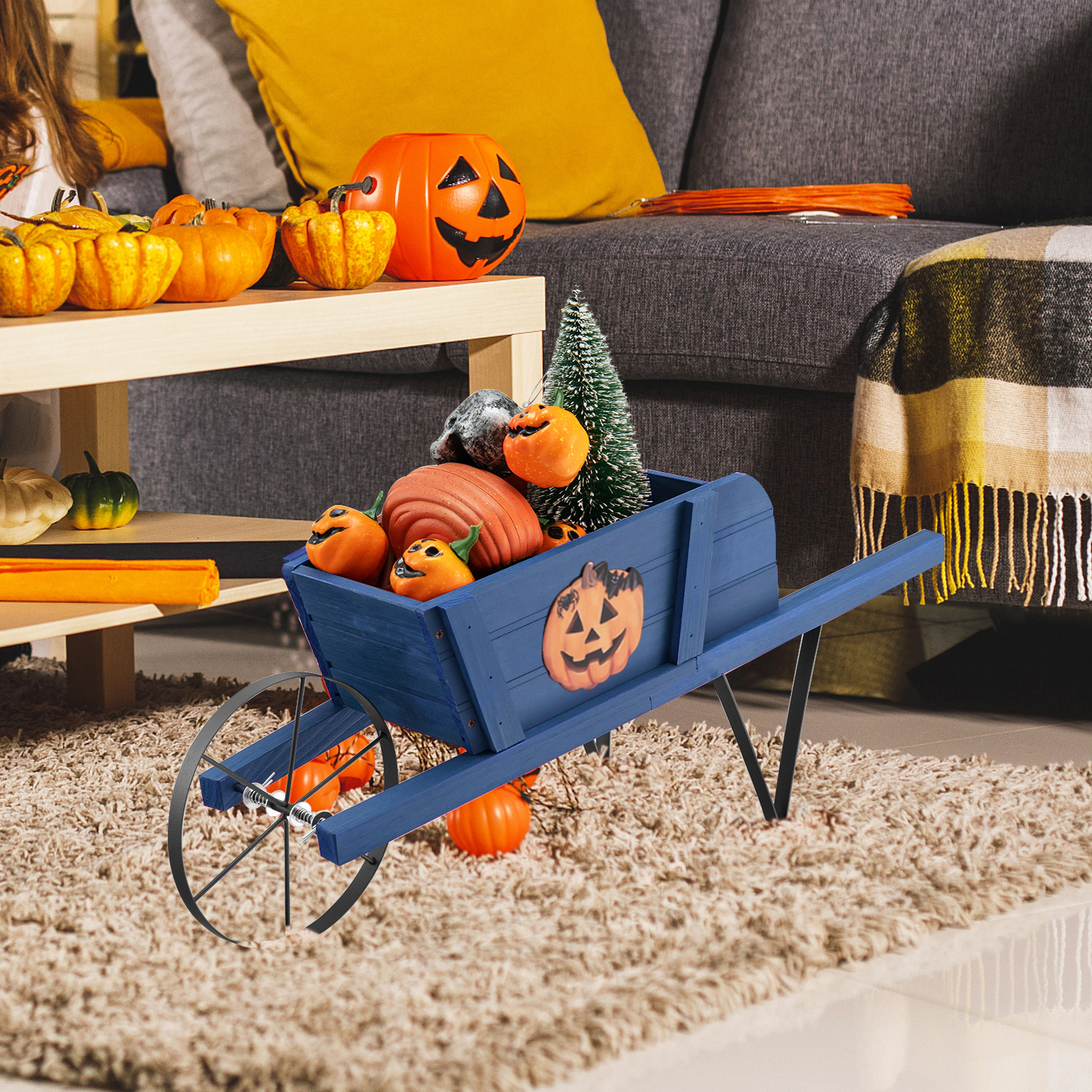 SUGIFT Blue Wooden Wagon Planter with 9 Magnetic Accessories Decorative Wheelbarrow for Garden Yard