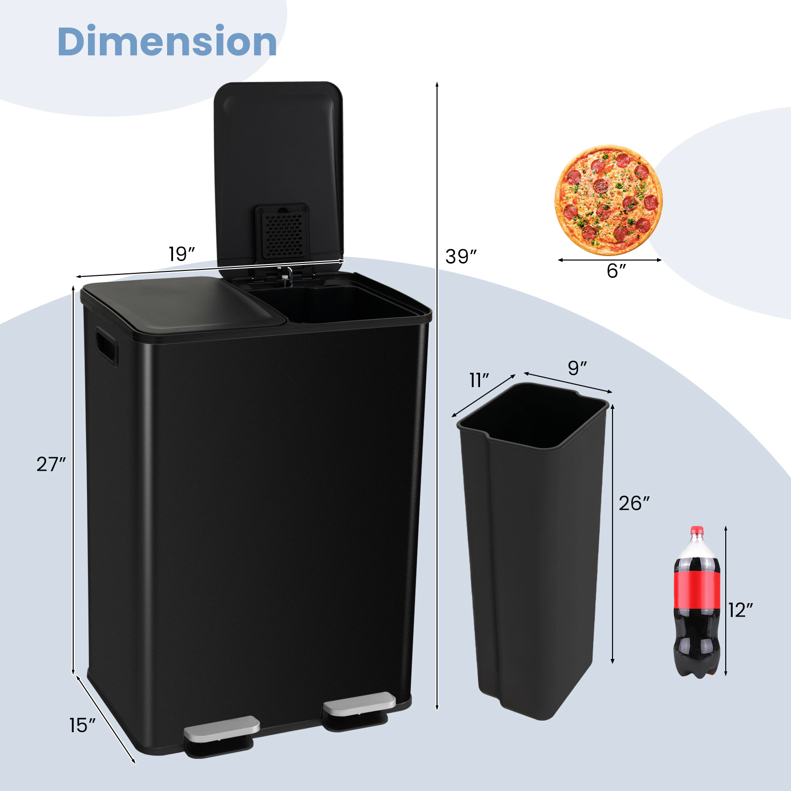 SUGIFT 2 x 8-Gal Black Dual Compartment Stainless Steel Step Trash Can with Deodorizer Compartments