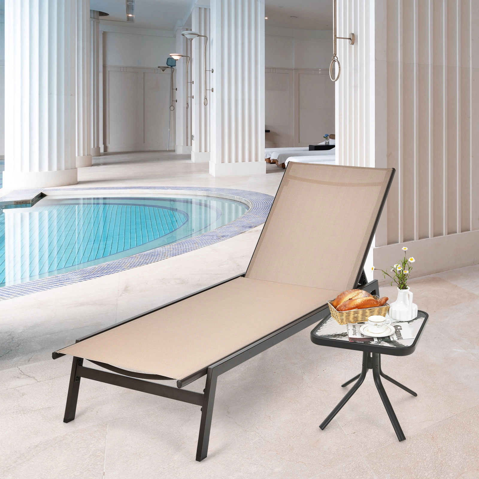 SUGIFT Brown Outdoor Reclining Chaise Lounge with 6-Position Adjustable Backrest