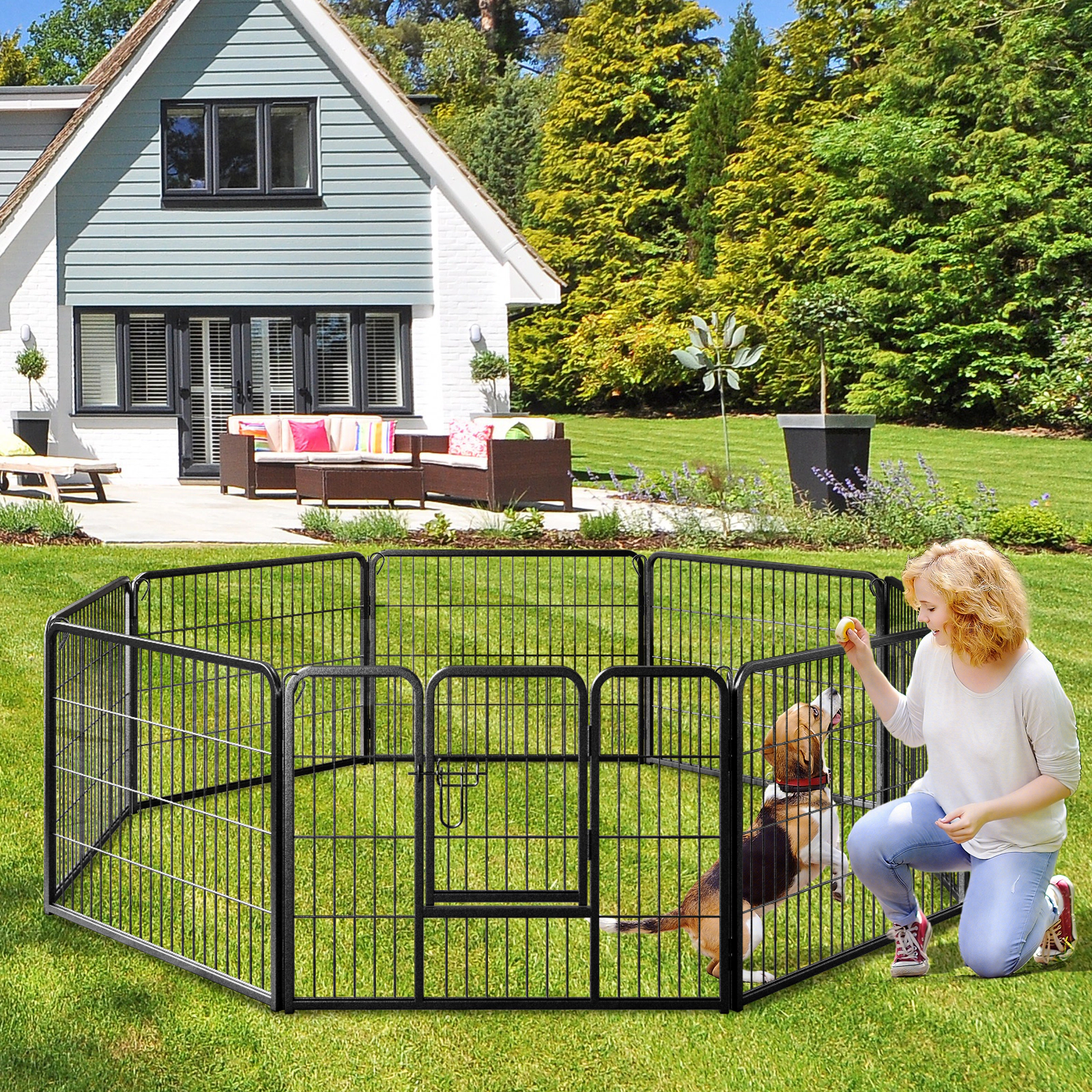 SUGIFT Black 8-Panel 24-in Metal Foldable Dog Playpen Pet Fence with Door and Locking Latch for Indoor