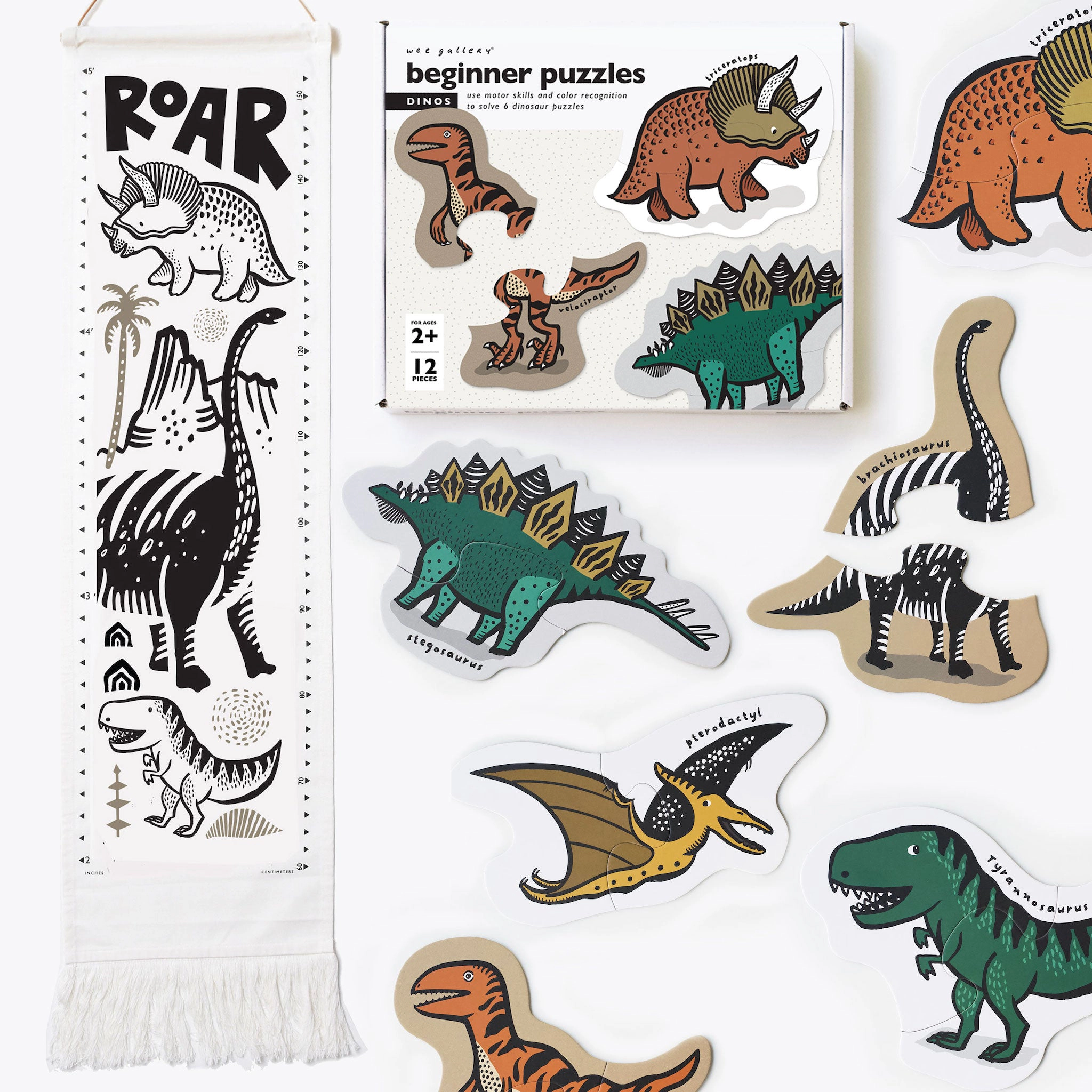 Wee Gallery Grow With Dinos Organic Cotton Growth Chart and 6 Beginner Dinosaur Puzzles
