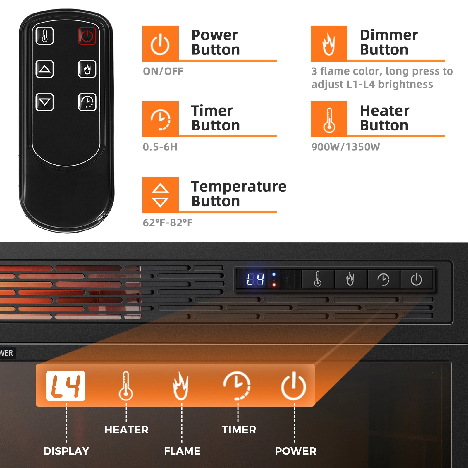 SlickBlue Black Electric Fireplace Heater with 3 Flame Colors, Timer Function