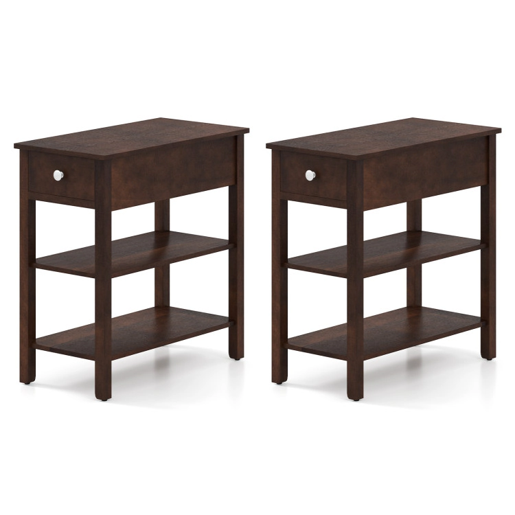 Hivvago 3-Tier Narrow End Table With Drawer And Storage Shelves Set Of 2