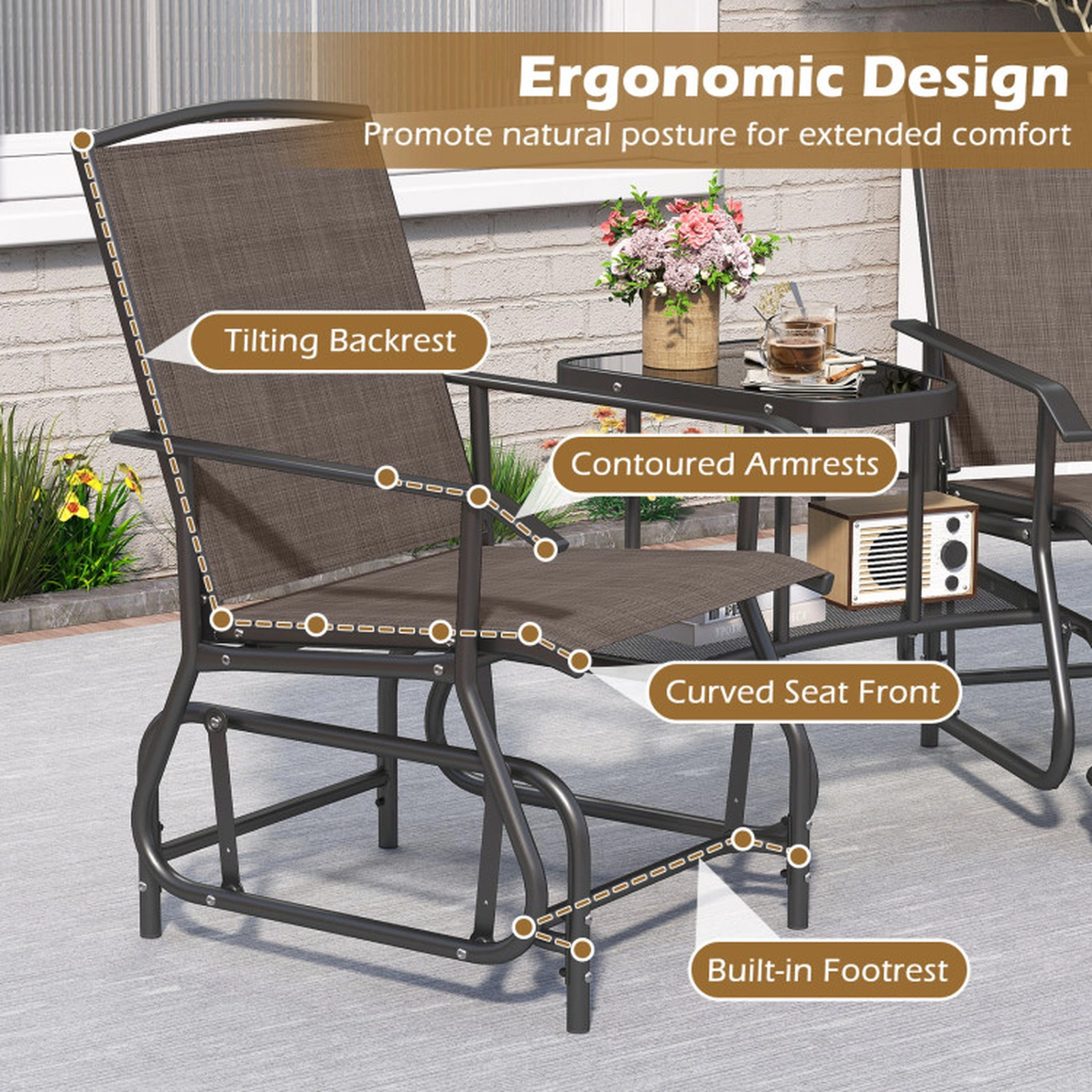 SUGIFT 2-Tier Center Table and Mesh Fabric 2-Seater Outdoor Glider Bench