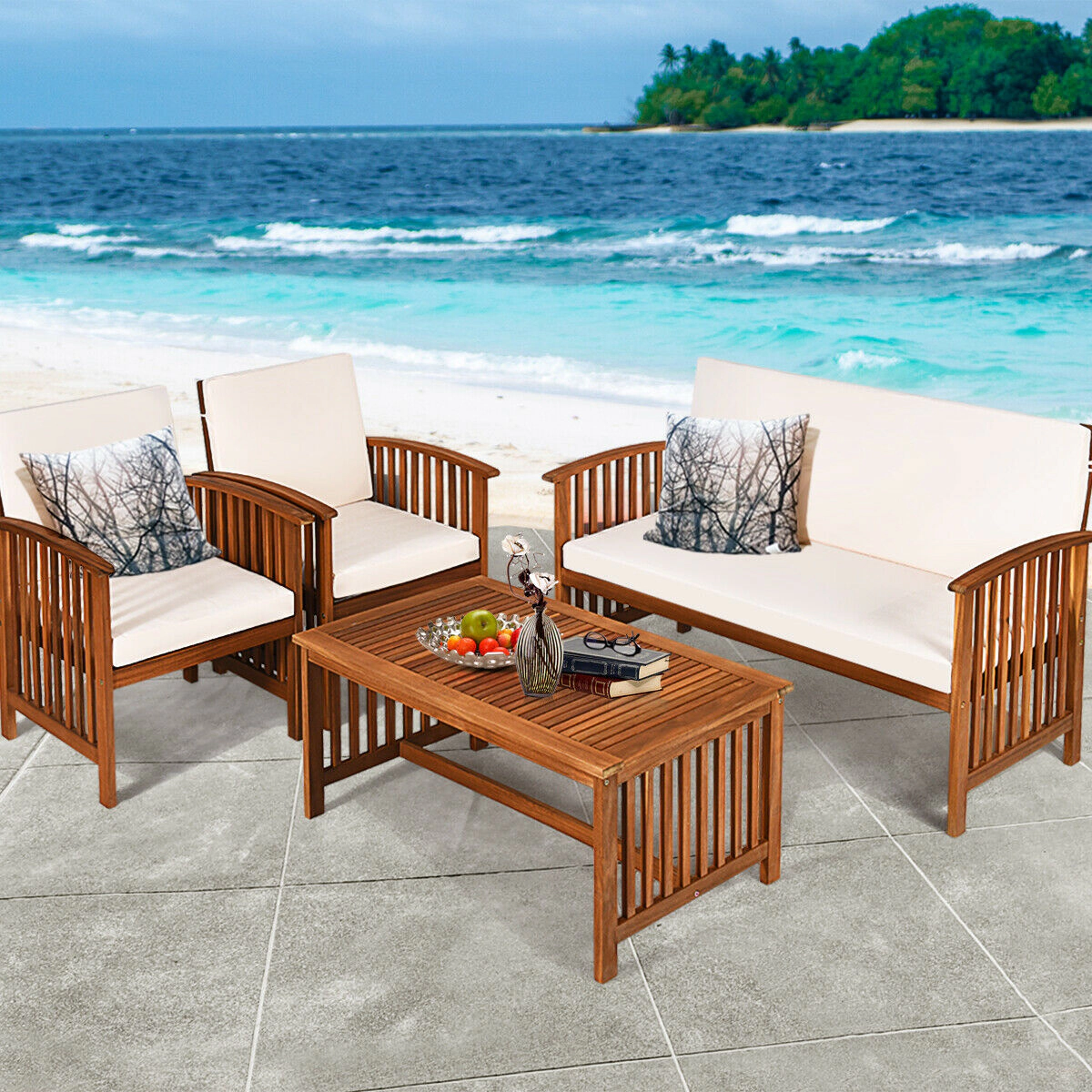 SUGIFT Loveseat and Table 4-Piece Solid Acacia Wood Patio Sofa Set