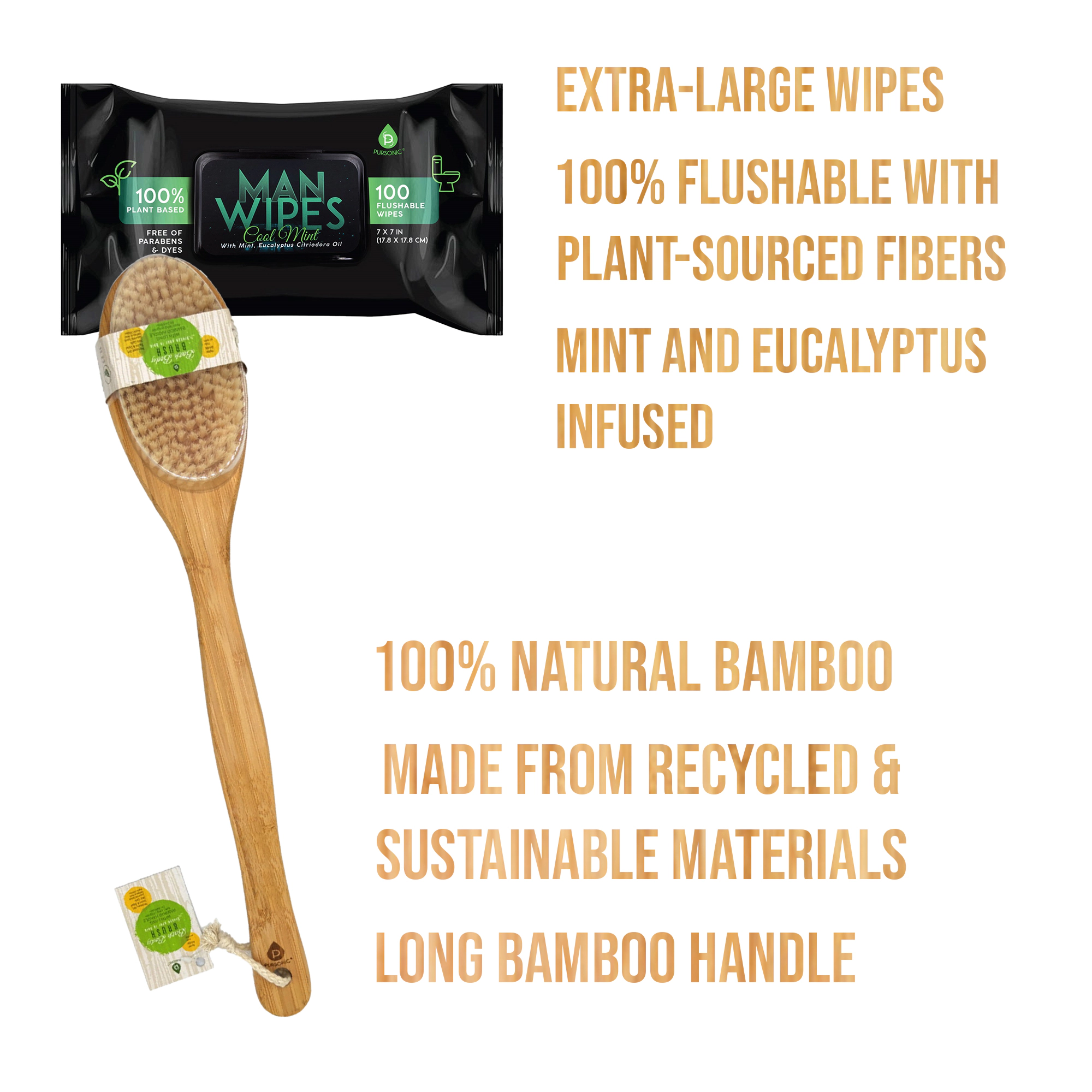 Pursonic Men's Hygiene and Body Care Clean & Refresh Bundle Flushable Man Wipes and Bamboo Handle Bath Body Brush