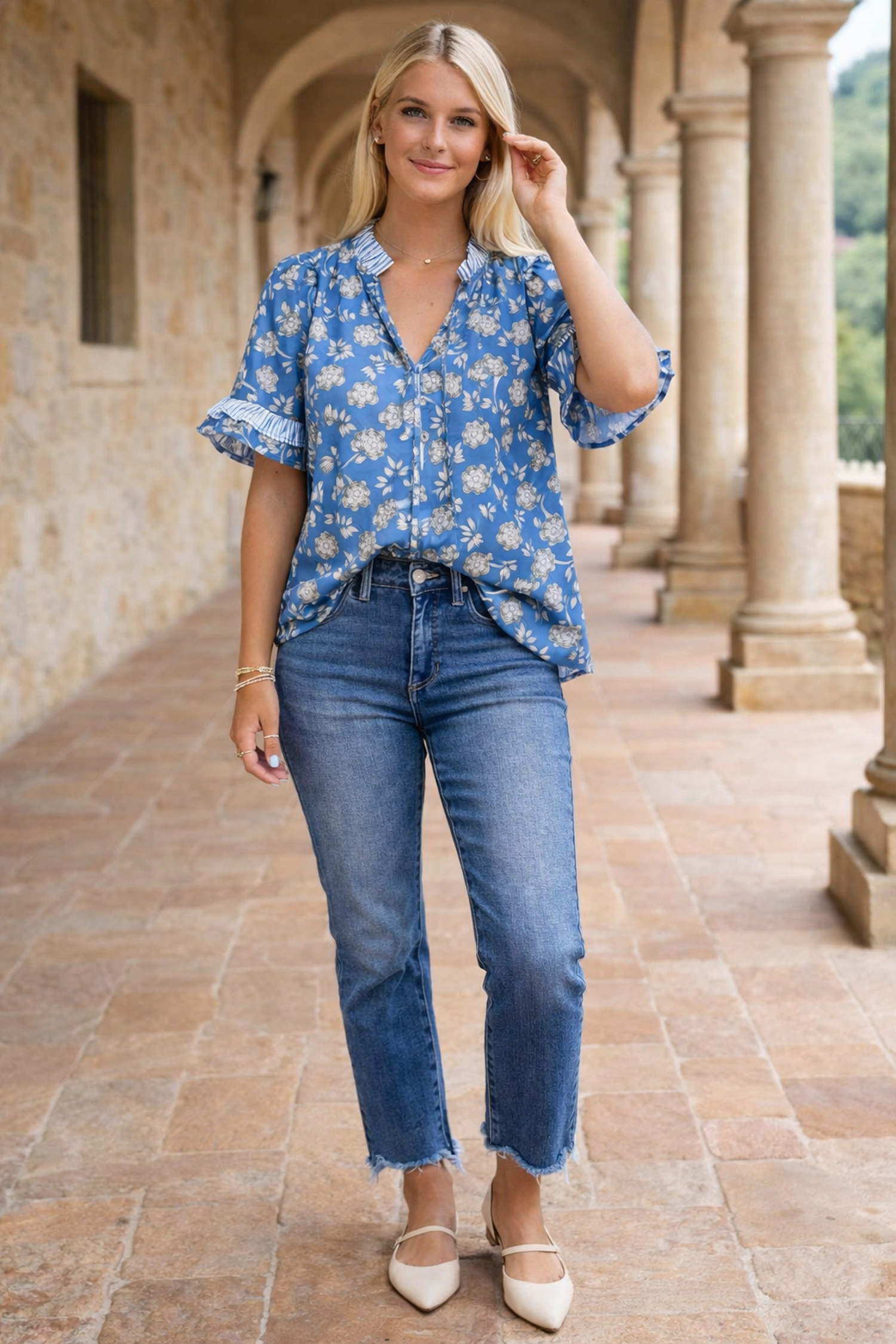 Threaded Pear Women's Hana Detail Short Sleeve Blouse