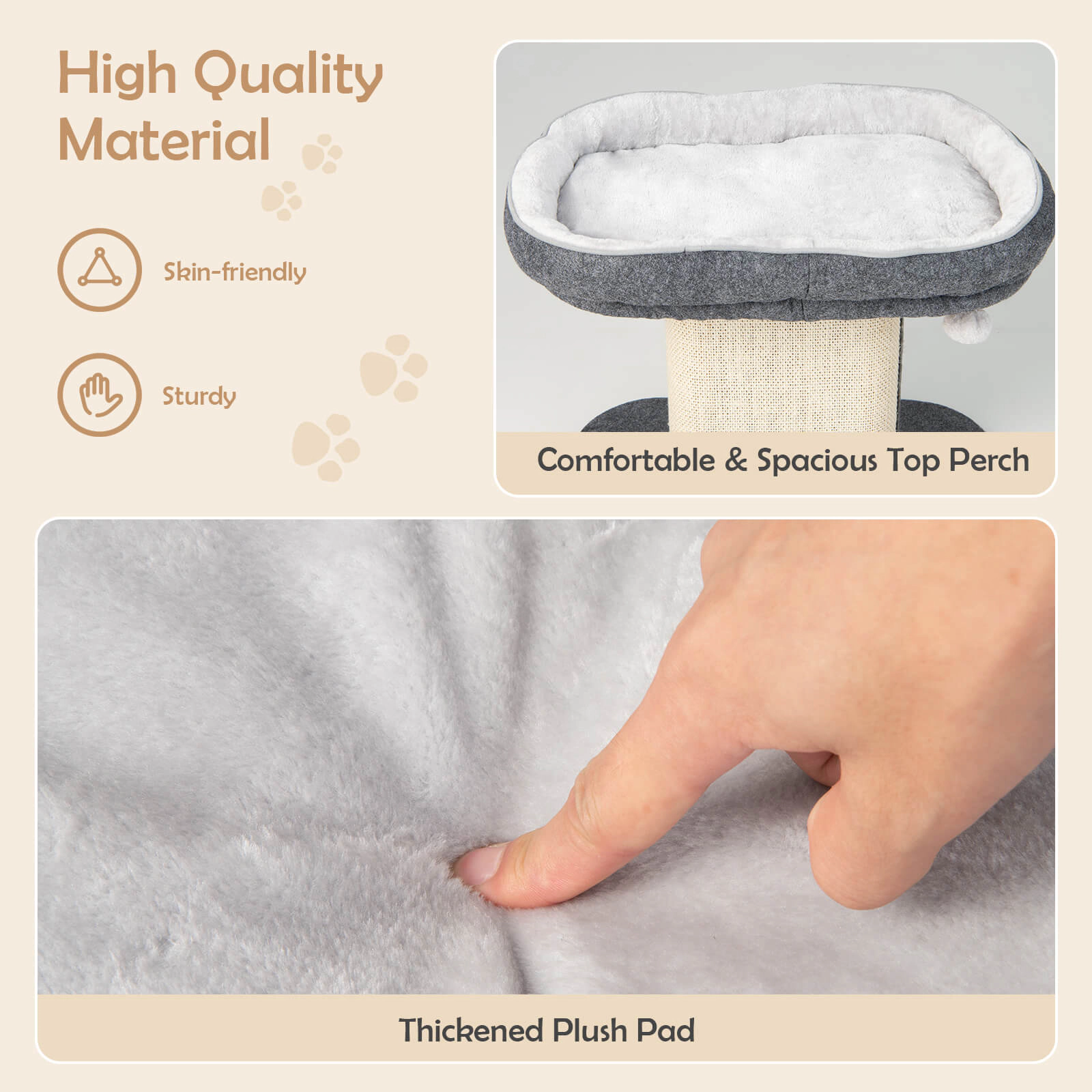 SUGIFT Modern Cat Tree Tower with Large Plush Perch and Sisal Scratching Plate 44-lb Capacity 23-in Wide Base Gray