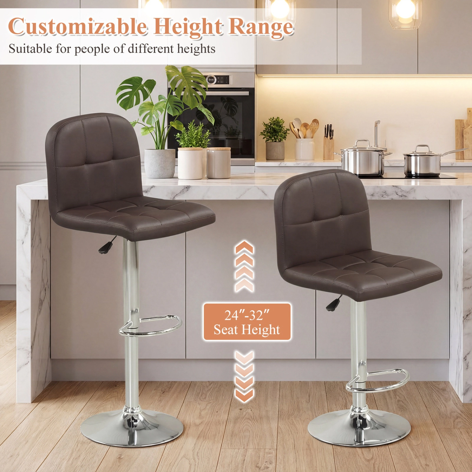 SUGIFT Faux Leather Seat and Silver Base Set of 2 Brown Adjustable Swivel Bar Stools