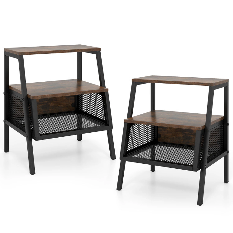 Hivvago Industrial Nightstand 3-Tier End Table with 2 Open Shelves and Metal Mesh Compartment