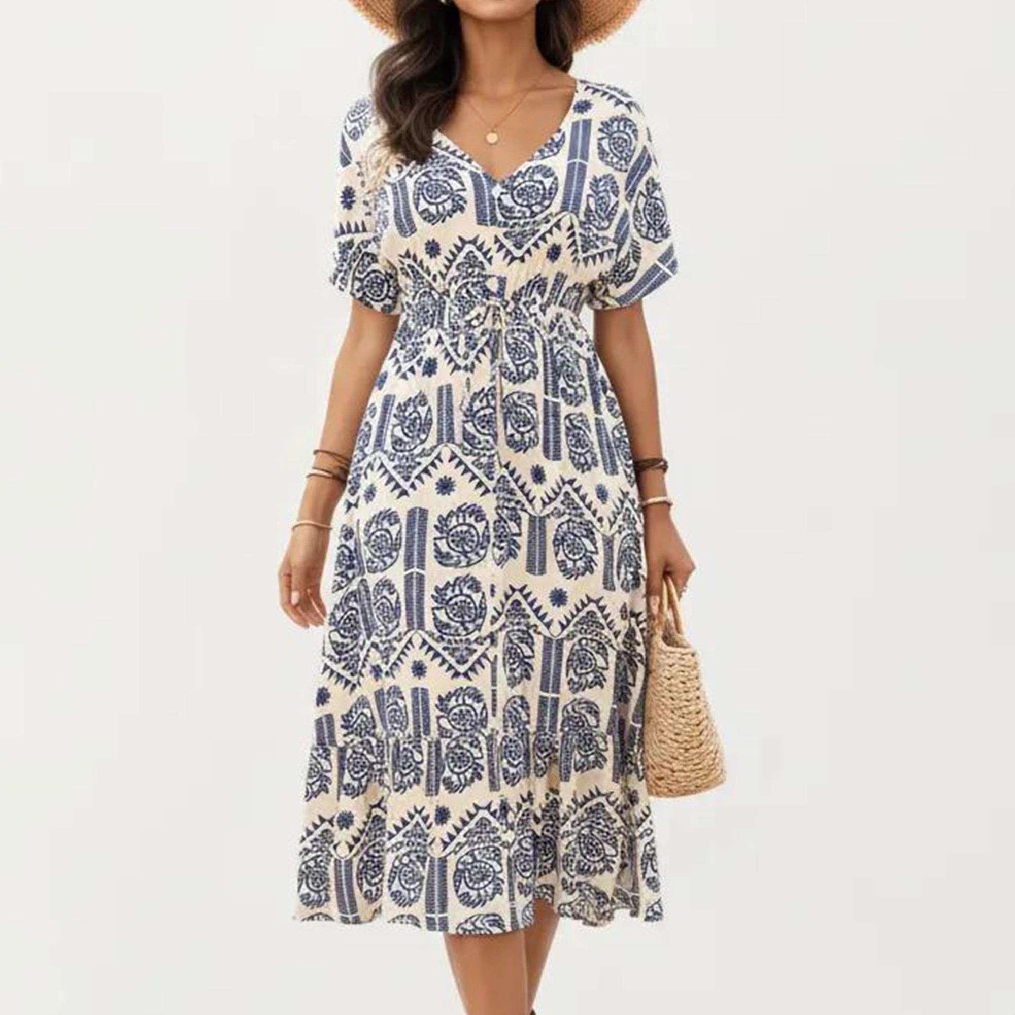 Anna-Kaci Women's V Neck Short Sleeve Print Drawstring Waist Midi Dress