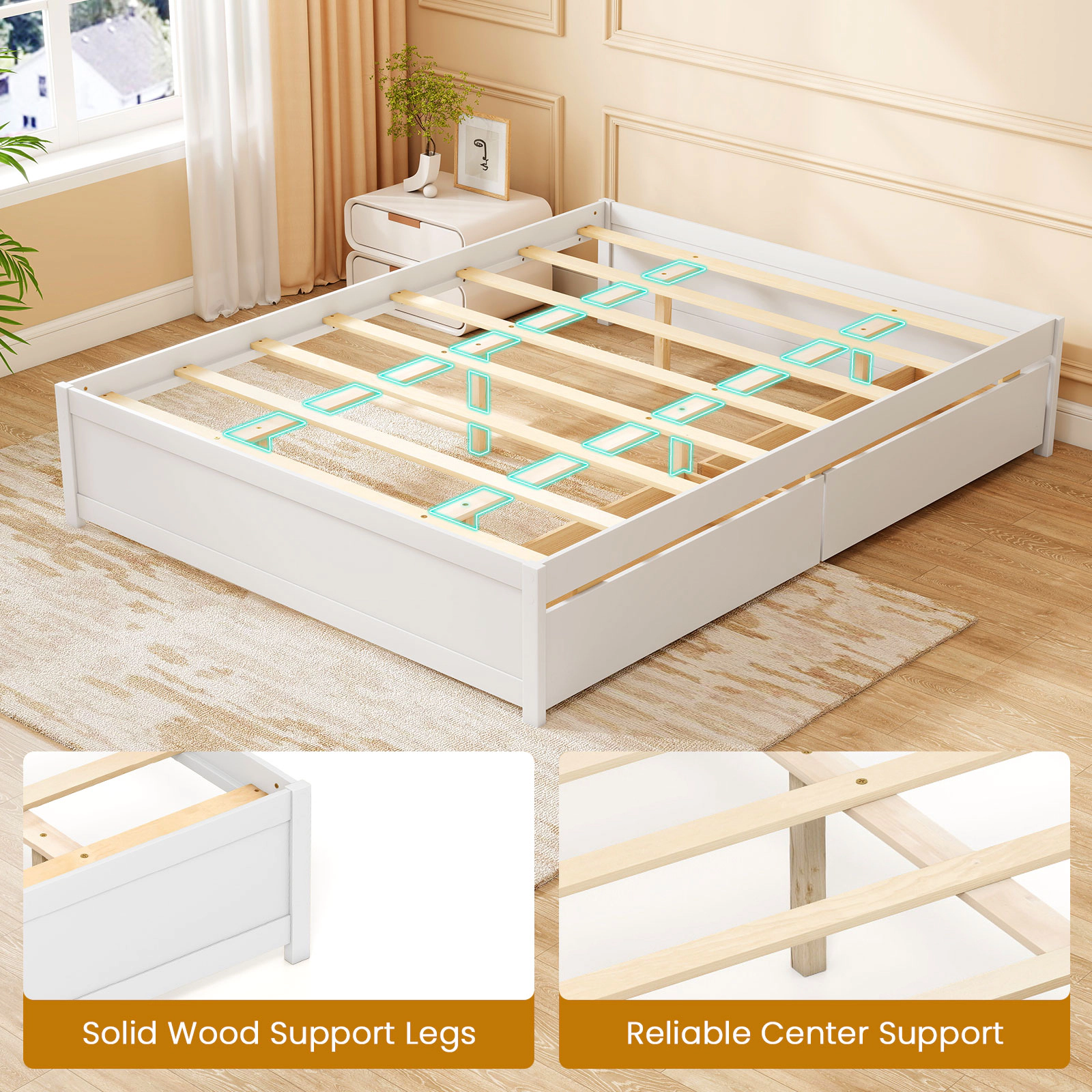 SUGIFT Queen Size Bed Frame with 2 Rolling Storage Drawers 300-lb Capacity White