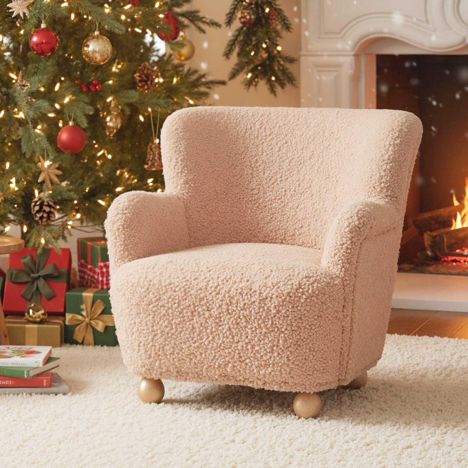 SUGIFT Light Pink Sherpa Kids Armchair with Rubber Wood Legs
