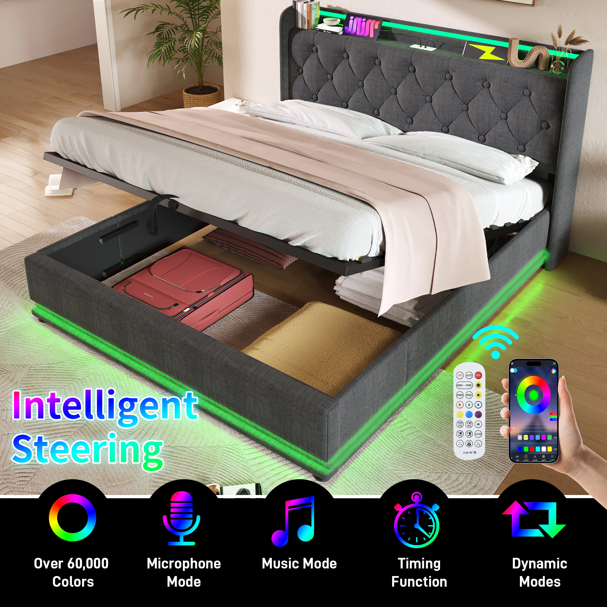 Flynama King Upholstered Bed with 360° LED, Hydraulic Lift Storage, USB-C Charging, Gray Linen