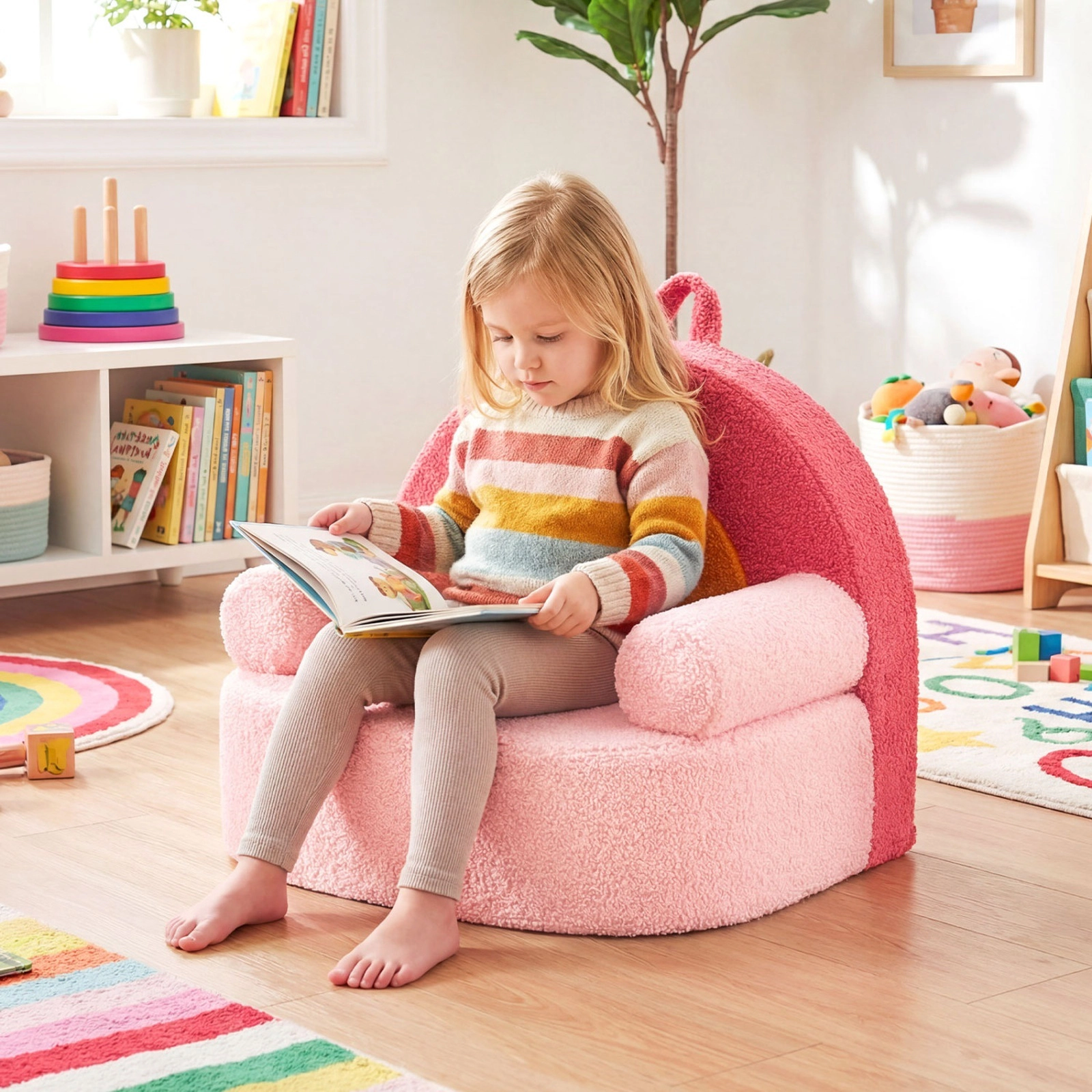 SUGIFT Red Teddy Fleece Toddler Foam Couch with Side Pocket and Washable Cover