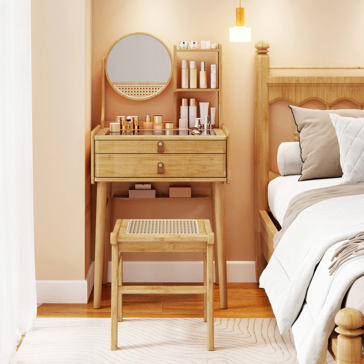 Hivvago Small Vanity Desk And Stool Set With Mirror And 2 Drawers