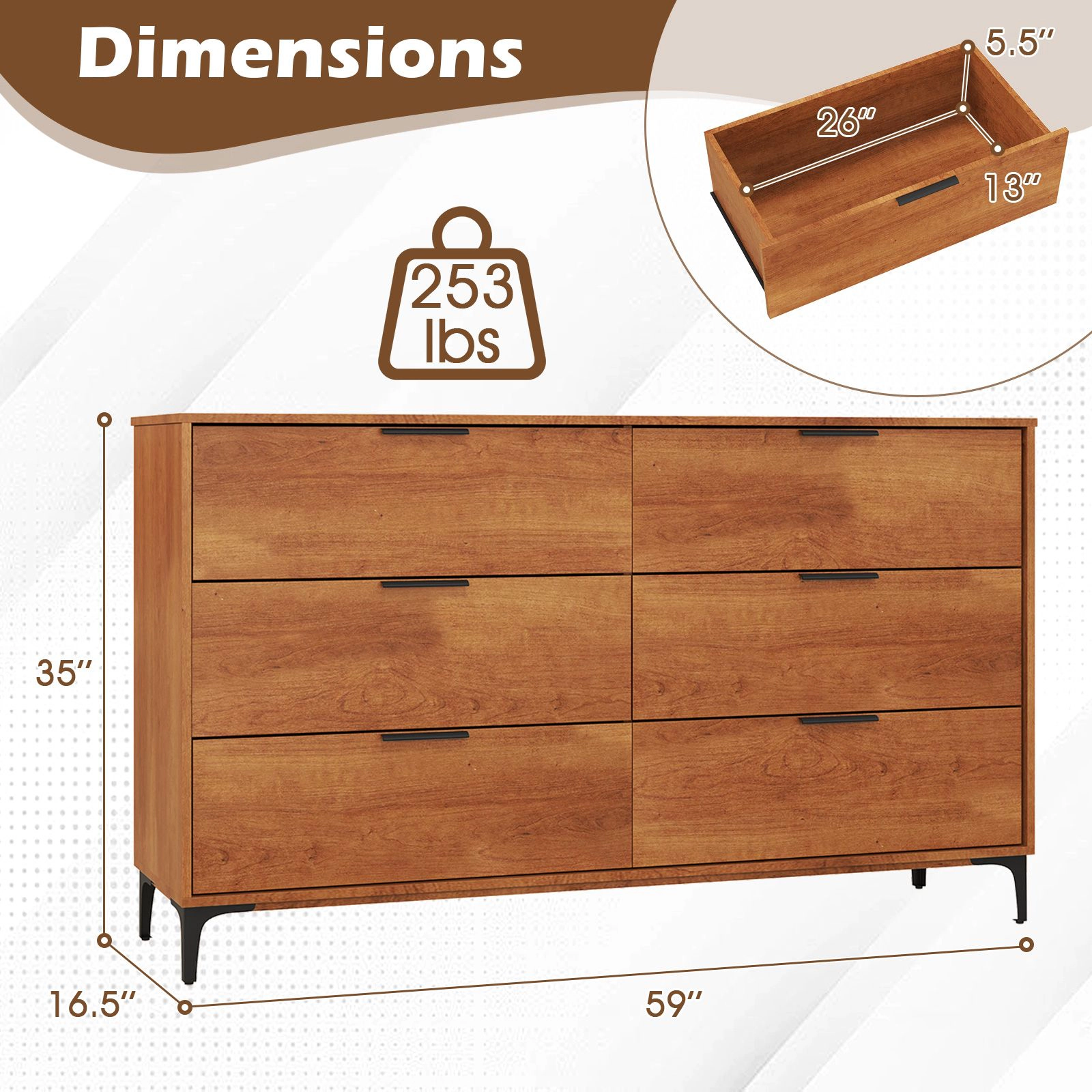 SlickBlue 6 Drawer Dresser with Metal Legs and Cherry Wood Storage Cabinet
