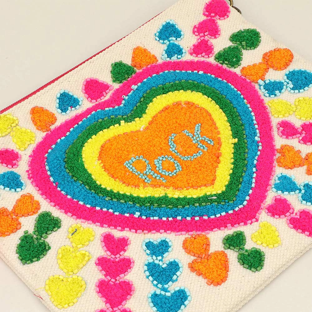 FASHNZFAB Boho Rainbow Heart Pom Pom Clutch Bag / Crossbody Bag