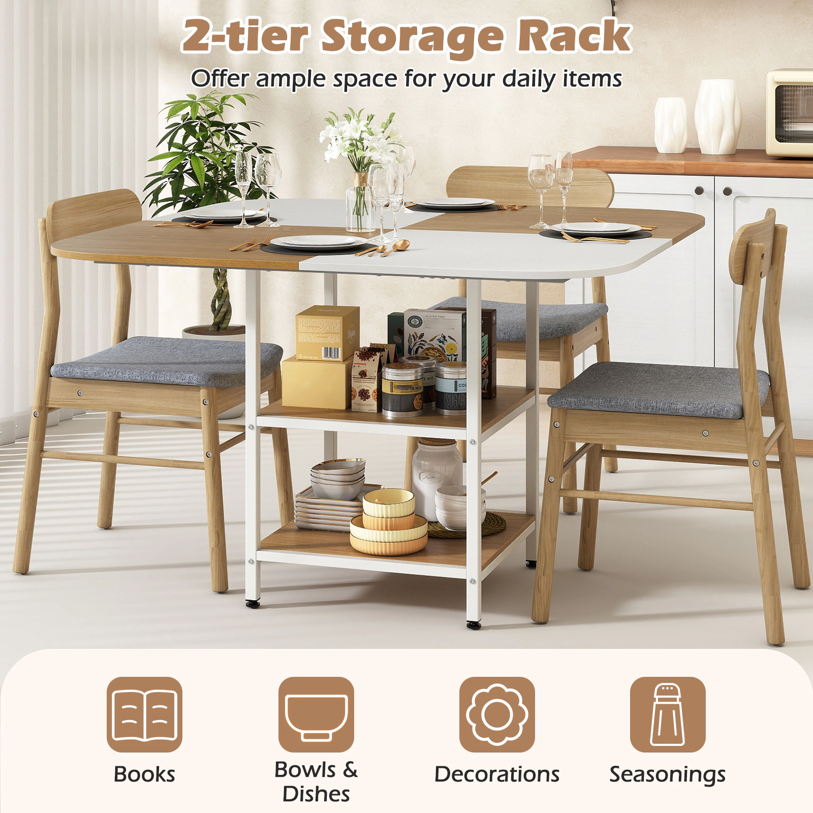SUGIFT 47.5-Inch Square Dining Table for 4 with 2-Tier Shelves and Metal Frame