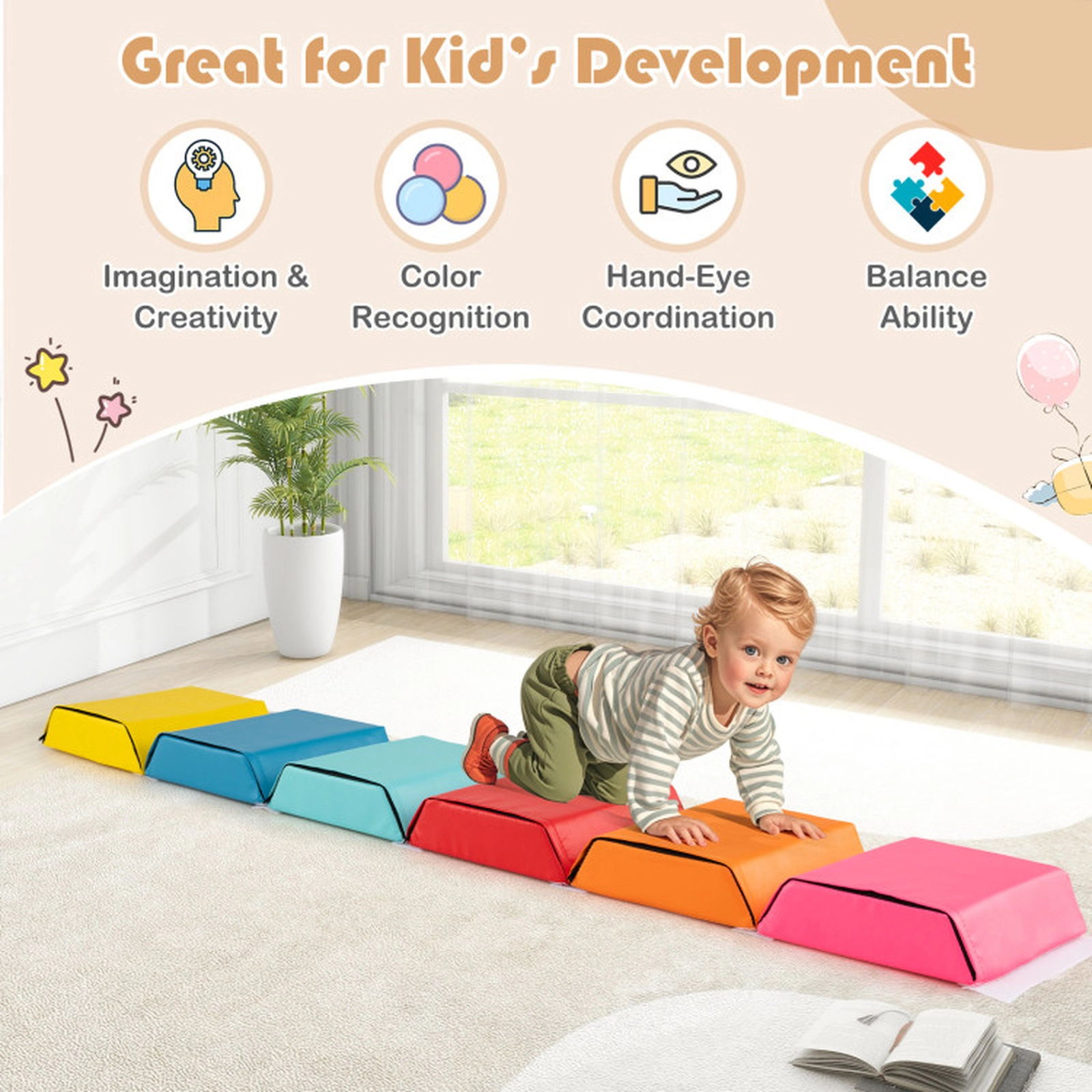 SUGIFT 6-Piece Hexagon Foam Ball Pit and Kids Exercise Mat with Detachable PU Covers and Crawl Tunnel