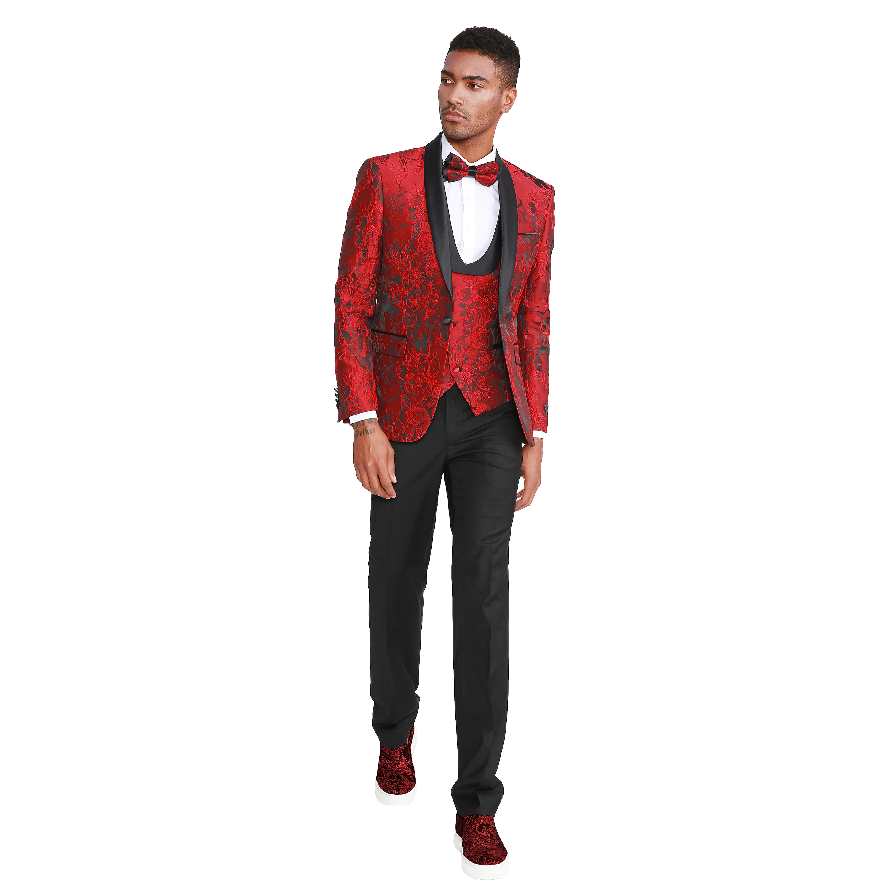 Tazzio Mens Skinny Fit Floral Jacquard Fashion 3pc Suit Set With Bowtie