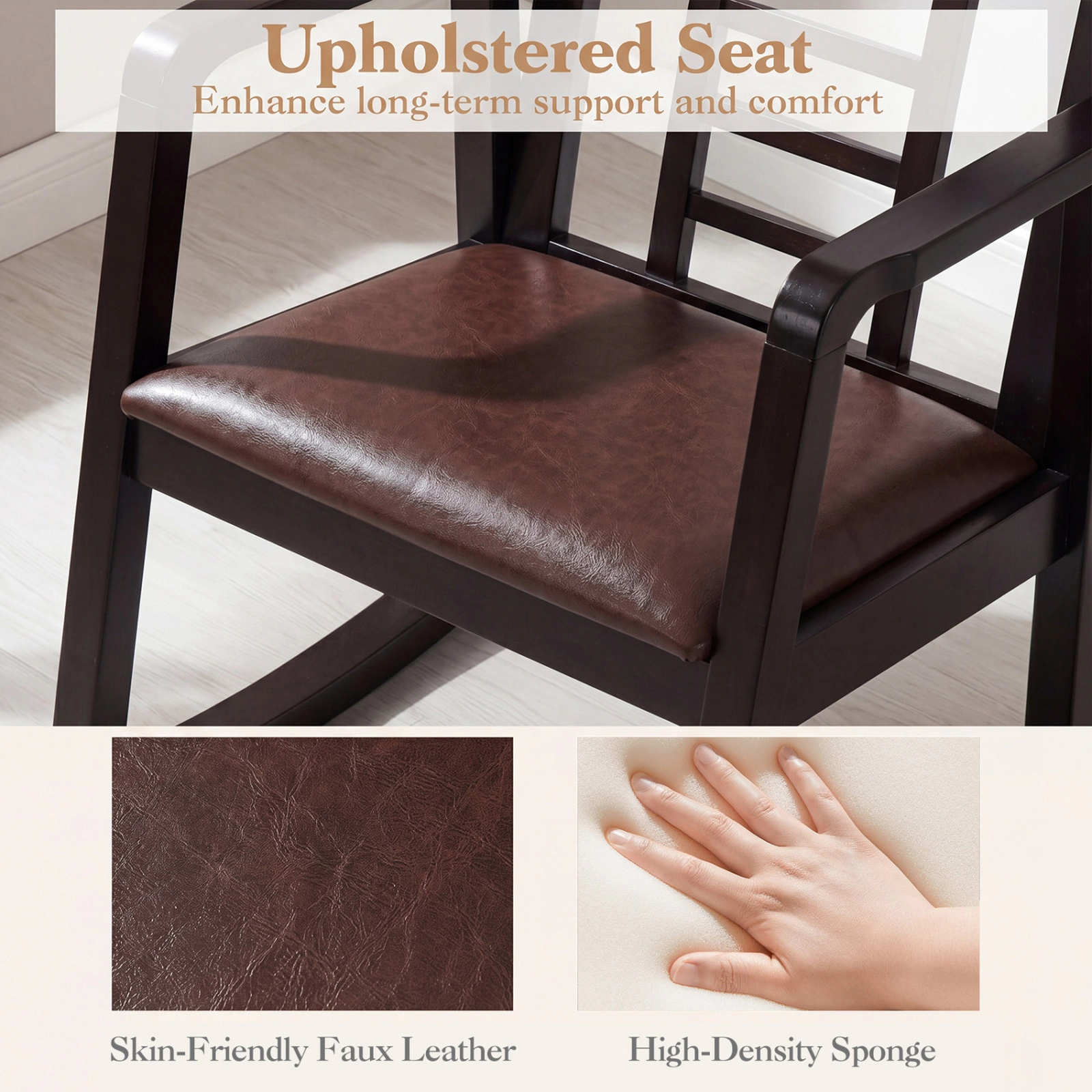 SUGIFT Brown Wooden Ladder-Back Rocking Chair with Faux Leather Seat