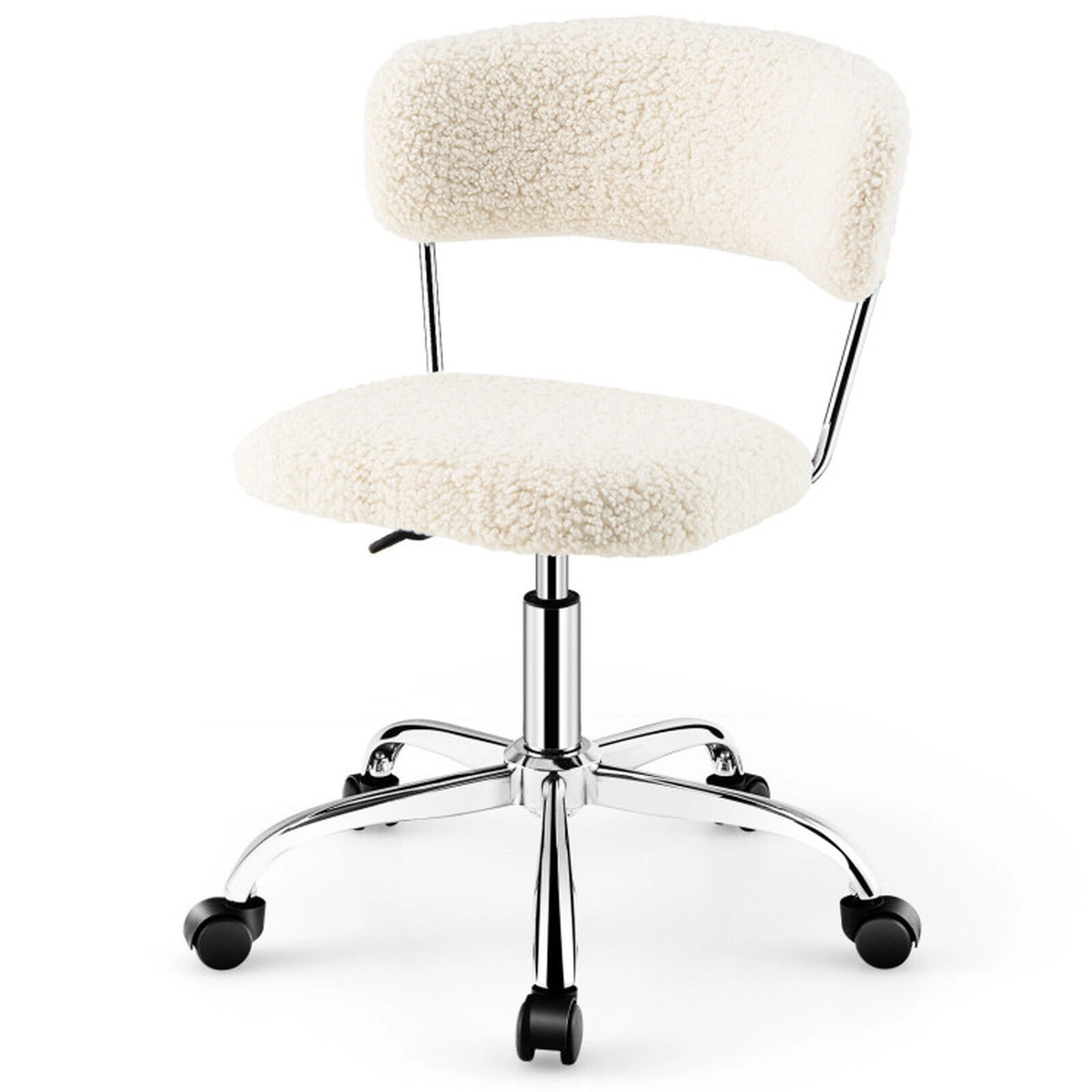 SUGIFT Sherpa Upholstered Armless Swivel Vanity Desk Chair 24-in x 24-in x 28.5-in 330-lb Capacity 5 Casters White