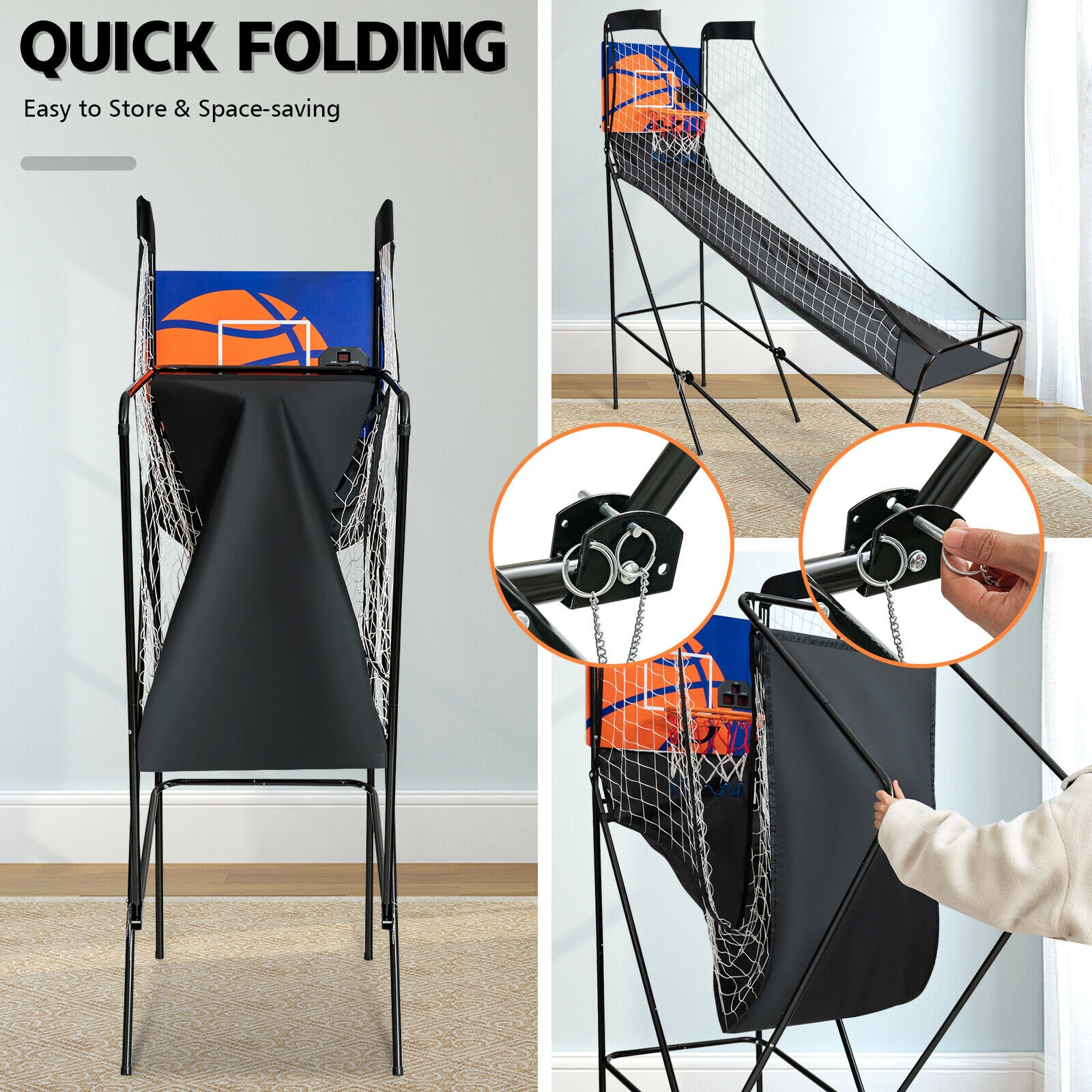 SUGIFT Single Shot Foldable Basketball Arcade Game with Electronic Scorer 12-in Rim 3 Balls and Pump