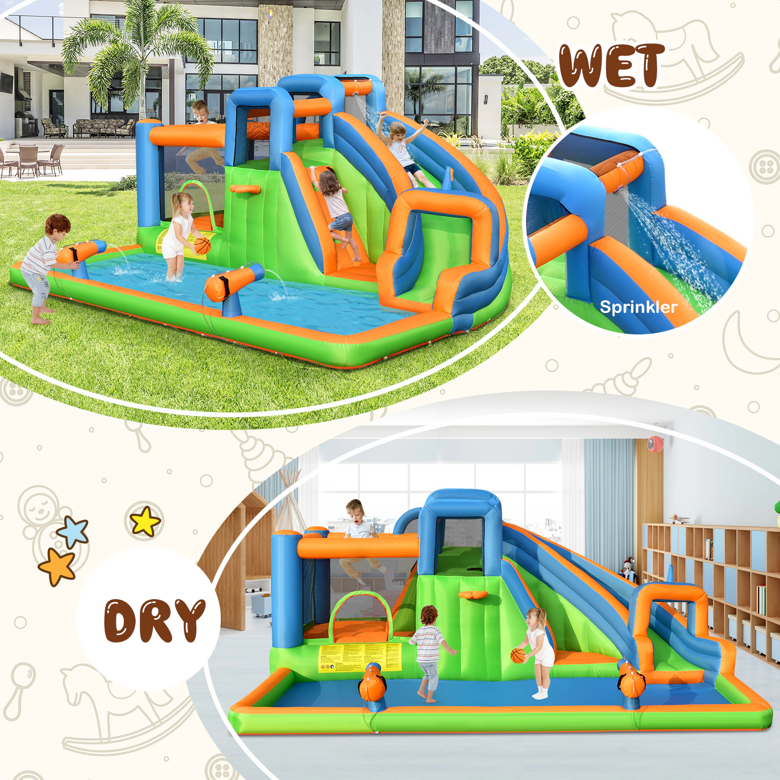 SUGIFT Dual Climbing Walls and 735W Blower 7-in-1 Kids Inflatable Giant Water Park