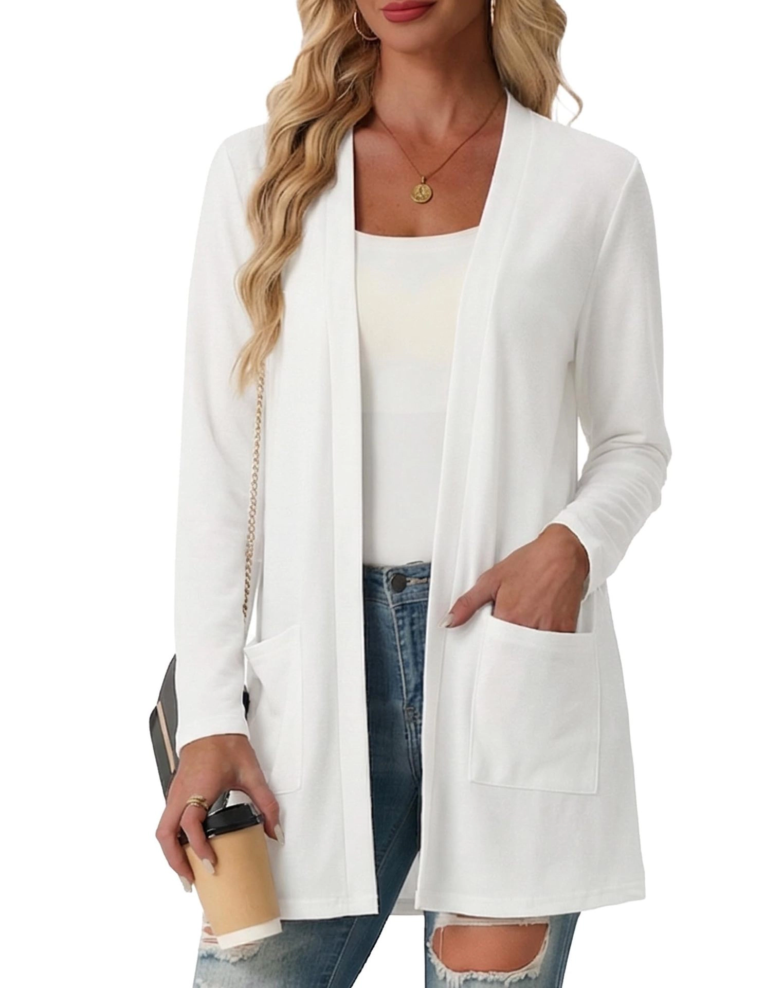 Premium Charms Women Open Front Long Sleeve Knit Cardigan with Pockets