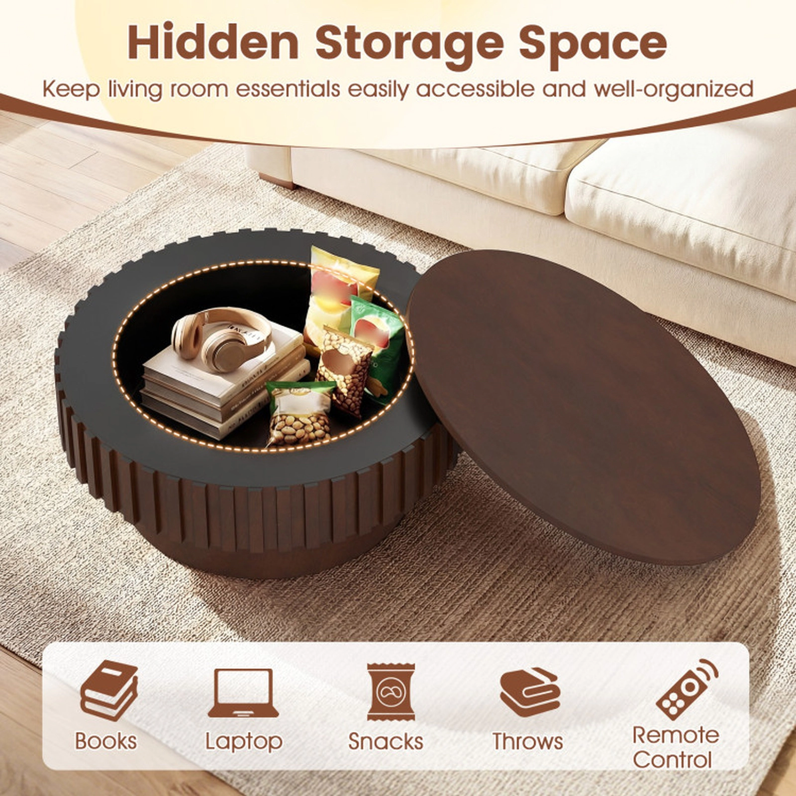 SUGIFT Round Fluted Drum Flip Top Hidden Storage Rubber Wood Coffee Table 31-in x 31-in x 14-in 265-lb Capacity Walnut