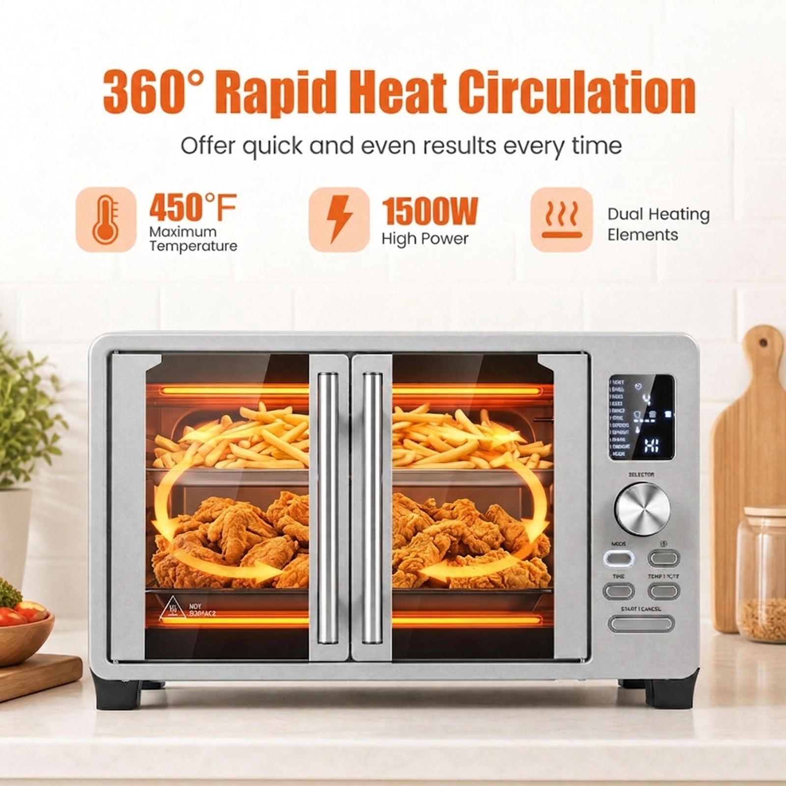SUGIFT Silver French Door Convection Toaster Oven with Air Fry and 11 Presets 26.4-Quart 18.5-in W 16-in D