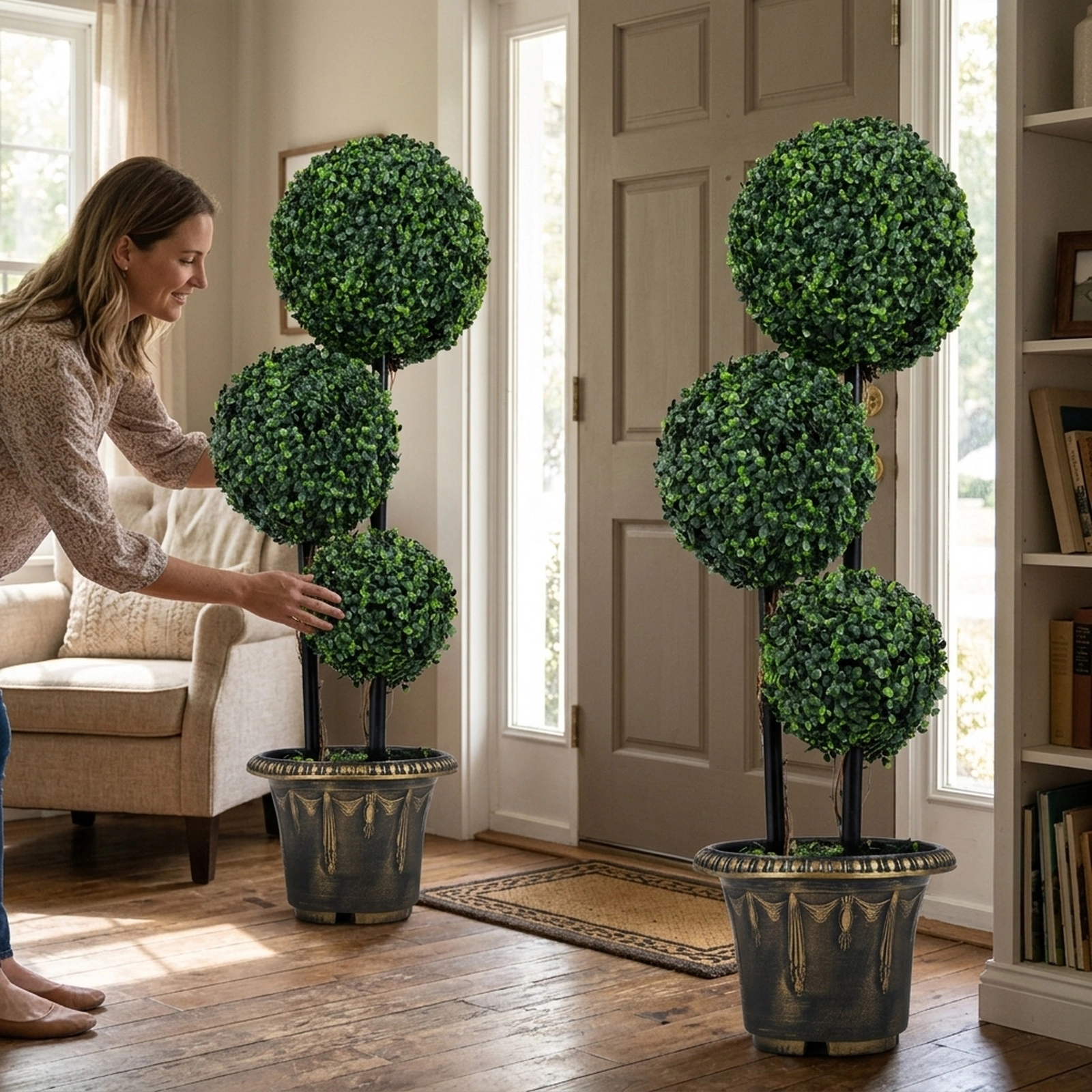 SUGIFT Set of 2 29-in and 35-in Artificial Boxwood Triple Ball Topiary Trees with Black-Golden Planters