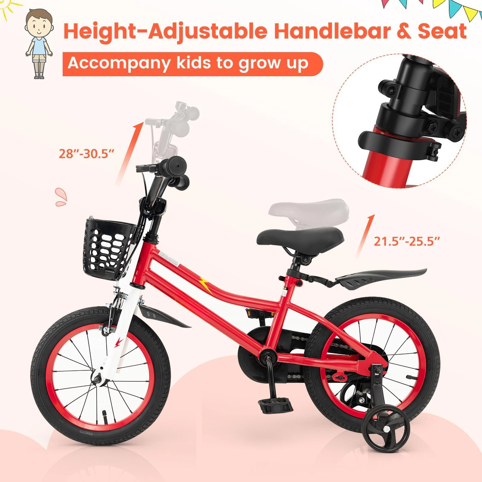 SUGIFT Height-Adjustable 14-Inch Kids Bike with Training Wheels 99-lb Capacity Ages 3-5 Years Red